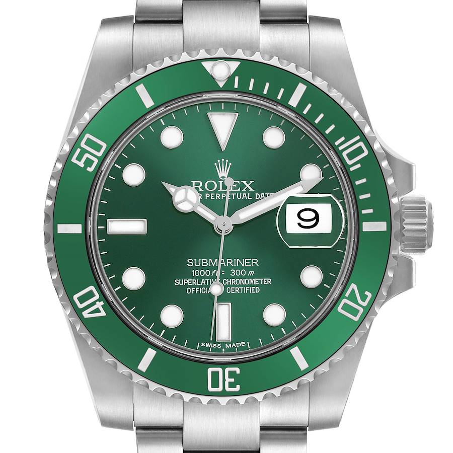 The Rolex Submariner 116610LV Men's Stainless Steel Green Dial watch is shown from a front angle, highlighting the green dial, bezel, and bracelet.