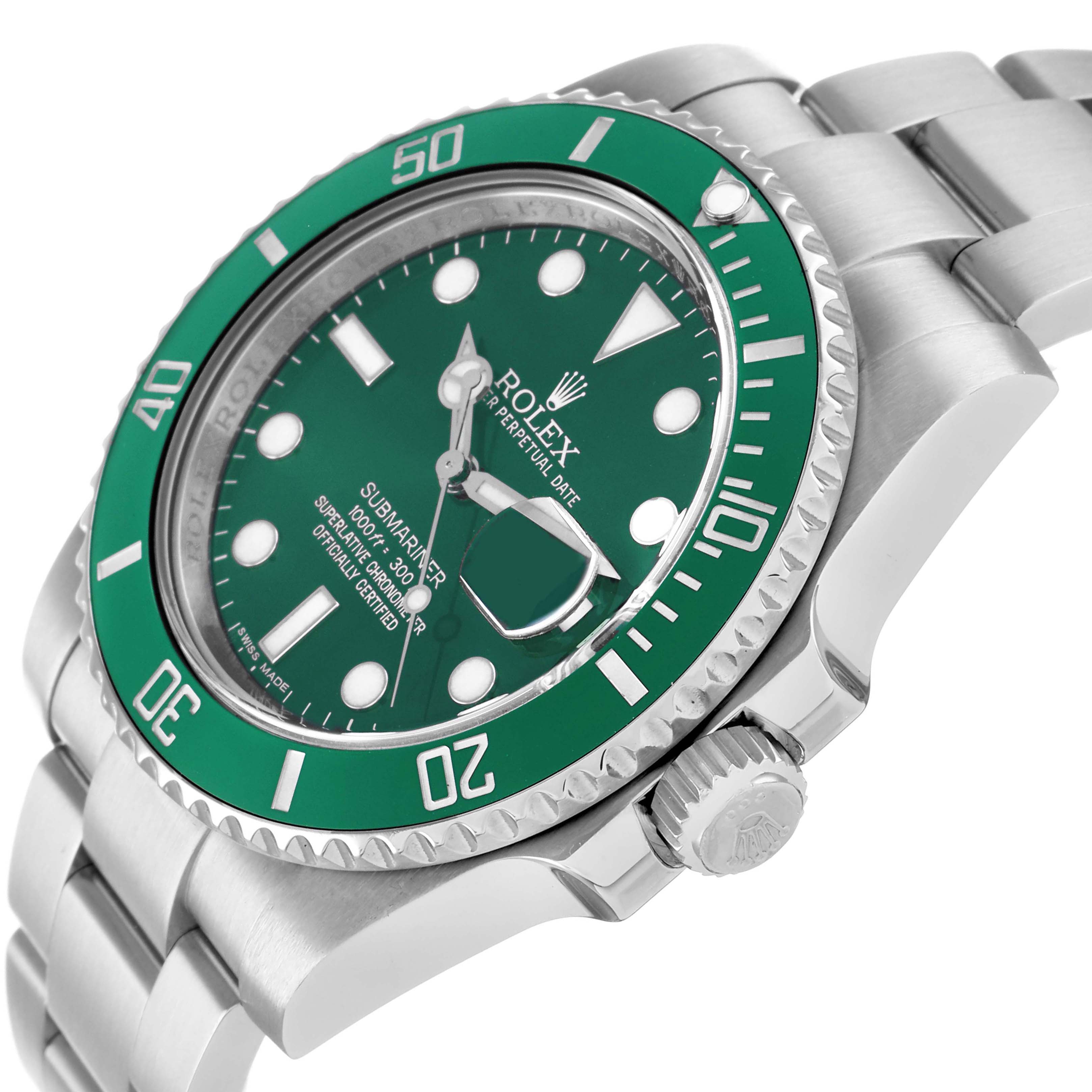 The Rolex Submariner 116610LV Men
s Stainless Steel Green Dial watch is shown from an angled side view, highlighting the bezel, dial, crown, and bracelet.