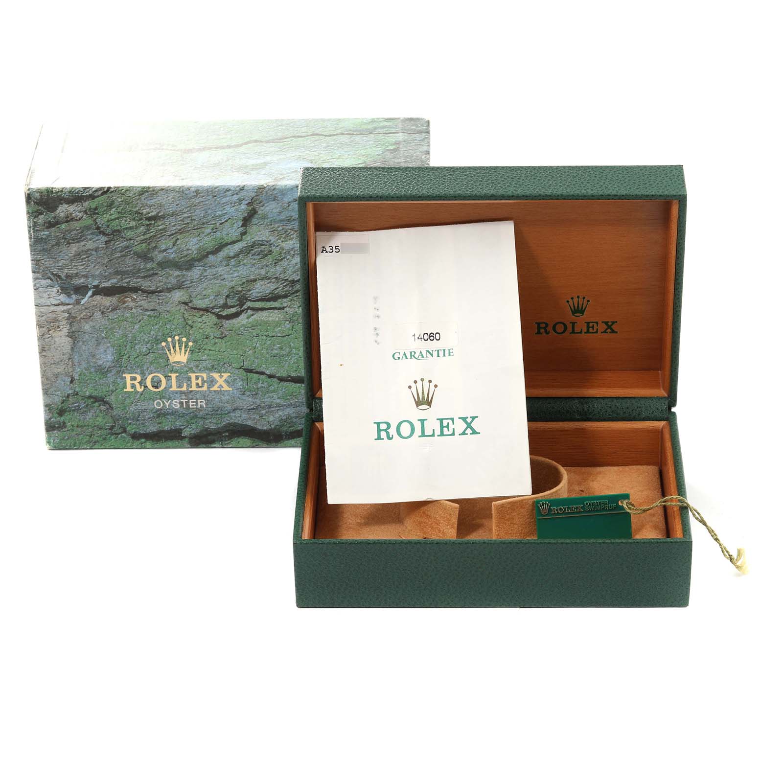 The Rolex Submariner 14060 Men
s Stainless Steel Black Dial 14060 Men
s Stainless Steel Black Dial
s packaging includes an open green box with certification papers and tags, with an outer protective box.