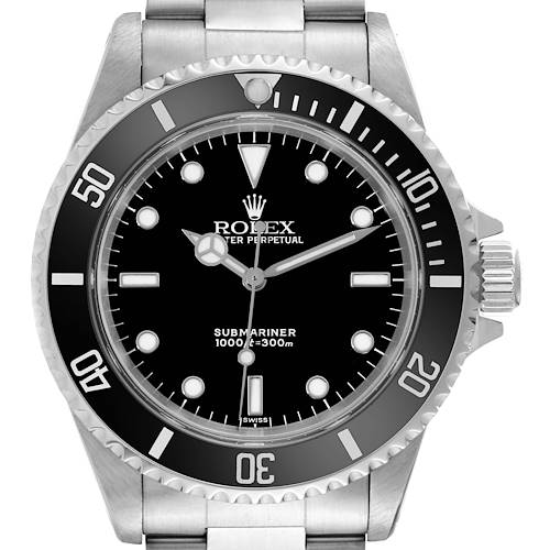 The image shows a front view of a Rolex Submariner watch, displaying its black dial, bezel, and stainless steel bracelet.