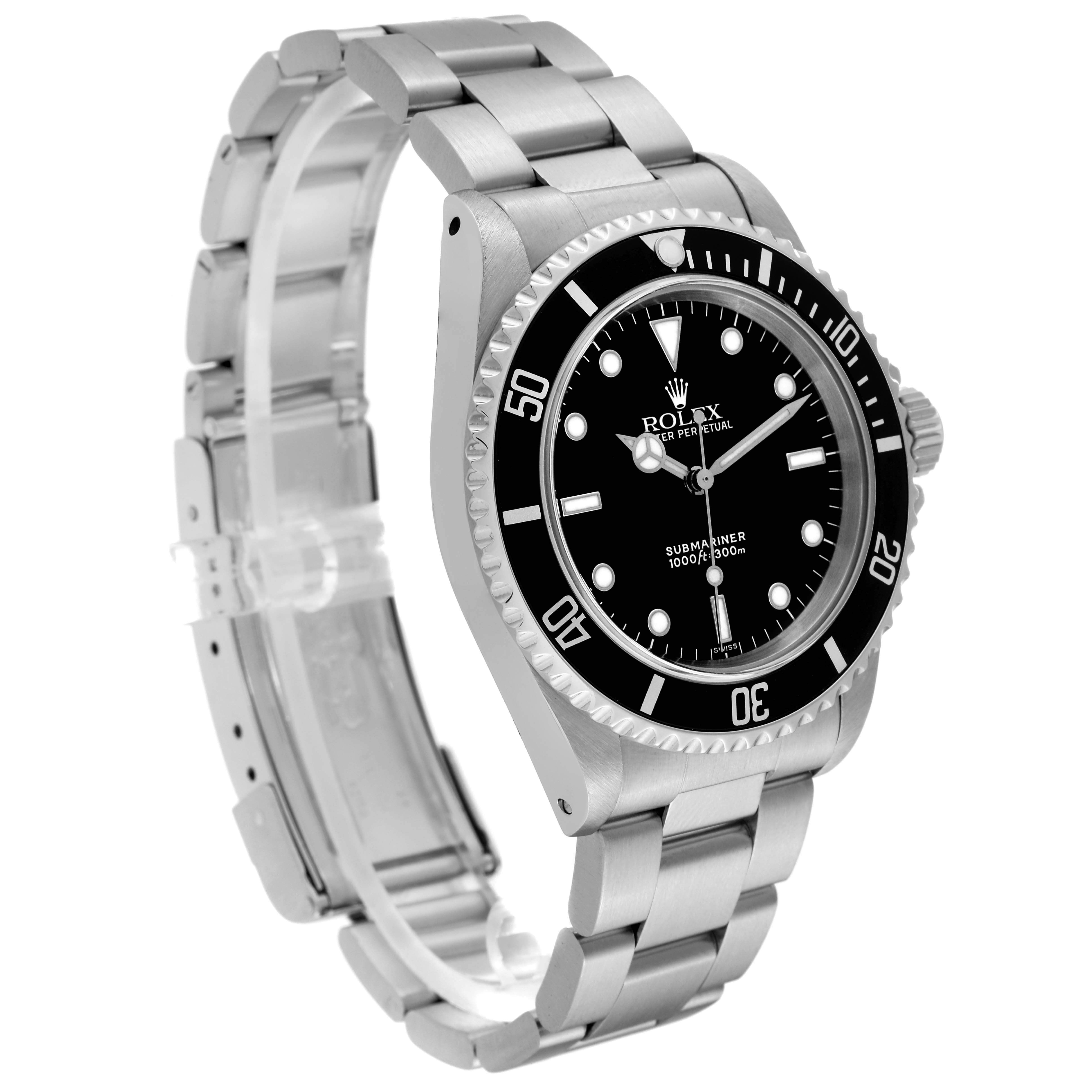 The Rolex Submariner 14060 Men
s Stainless Steel Black Dial 14060 Men
s Stainless Steel Black Dial watch is shown at a 3/4 angle, displaying the face, bezel, case, bracelet, and clasp.