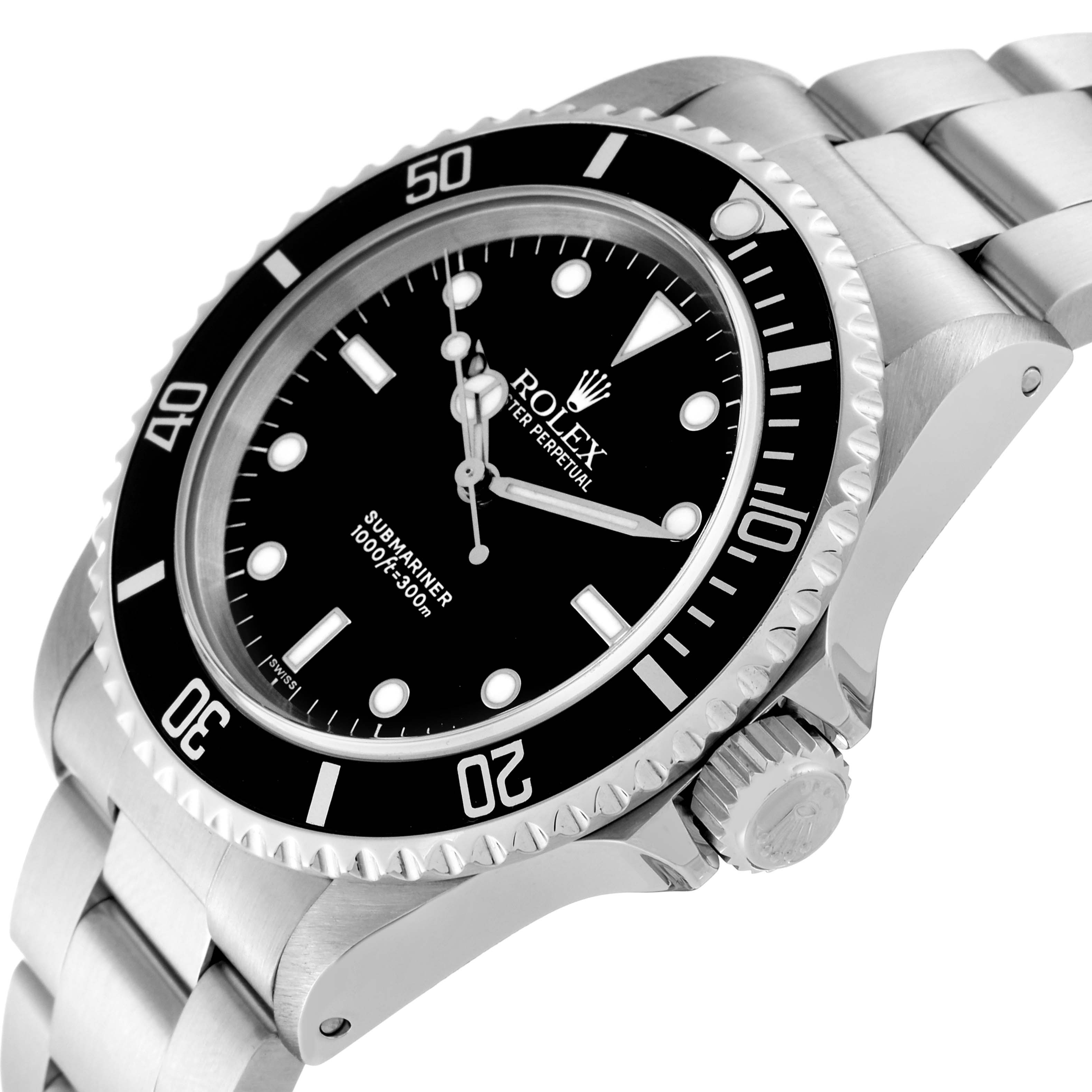 The image shows the face, bezel, crown, and bracelet of the Rolex Submariner 14060 Men
s Stainless Steel Black Dial 14060 Men
s Stainless Steel Black Dial watch at a side angle.