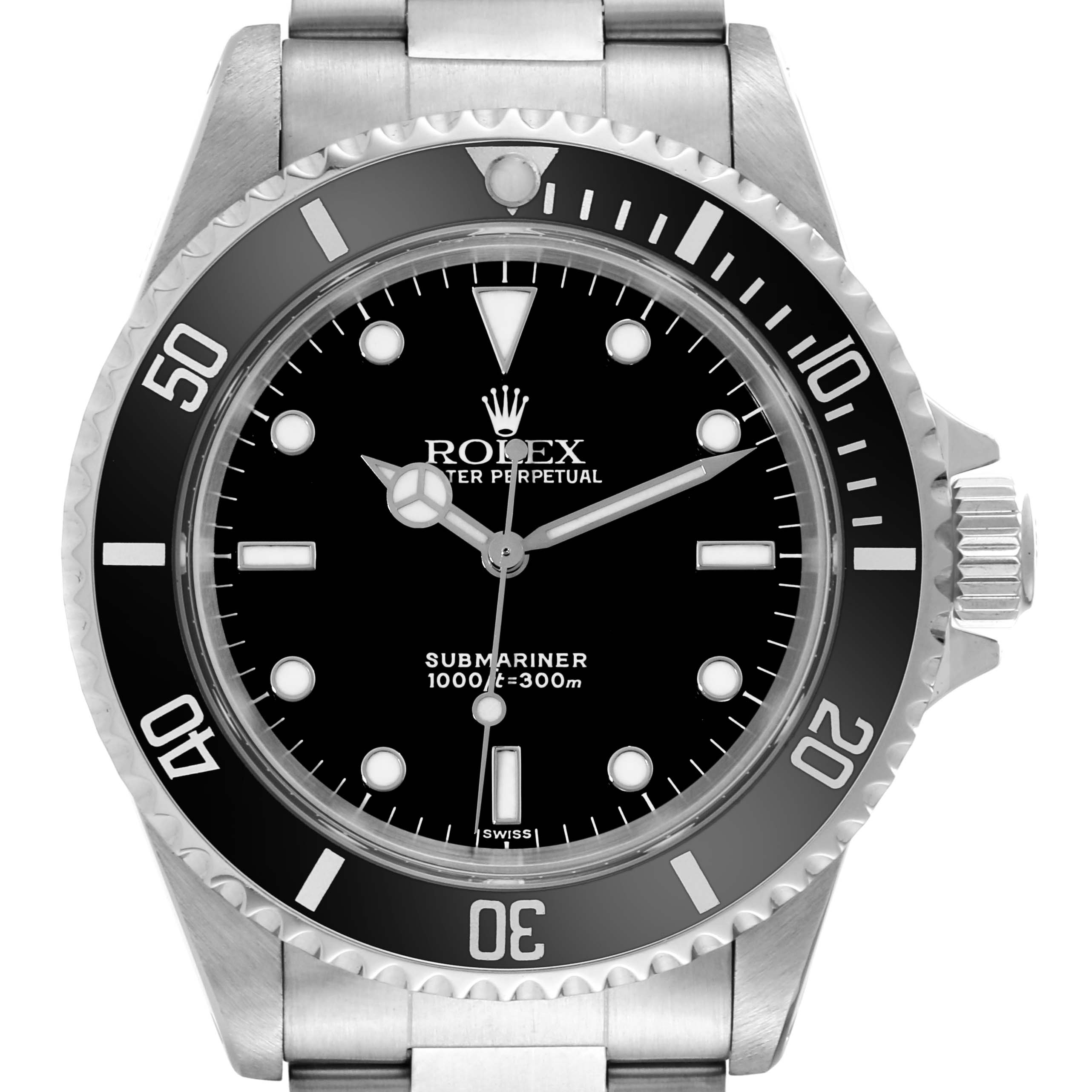 The image shows a front view of a Rolex Submariner 14060 Men
s Stainless Steel Black Dial 14060 Men
s Stainless Steel Black Dial watch, highlighting the dial, bezel, crown, and part of the metal bracelet.