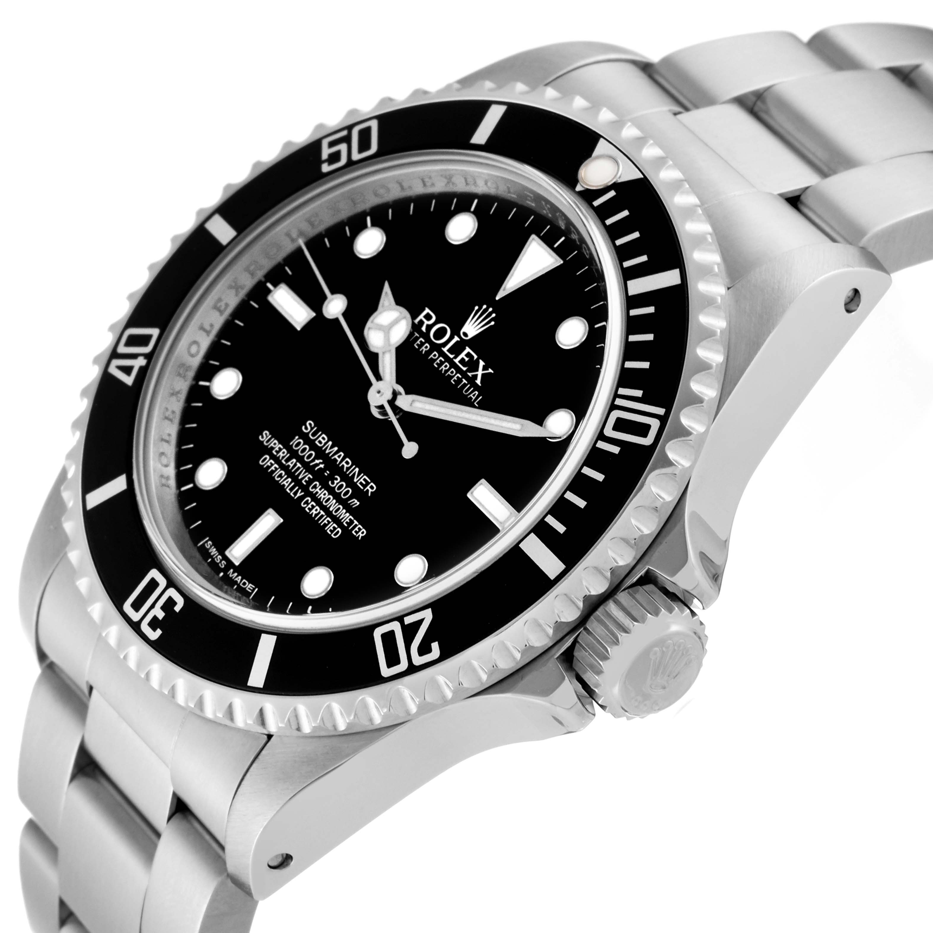 This image shows a Rolex Submariner 14060M Men
s Stainless Steel Black Dial 14060M Men
s Stainless Steel Black Dial watch from a side angle, highlighting the bezel, dial, crown, and part of the bracelet.