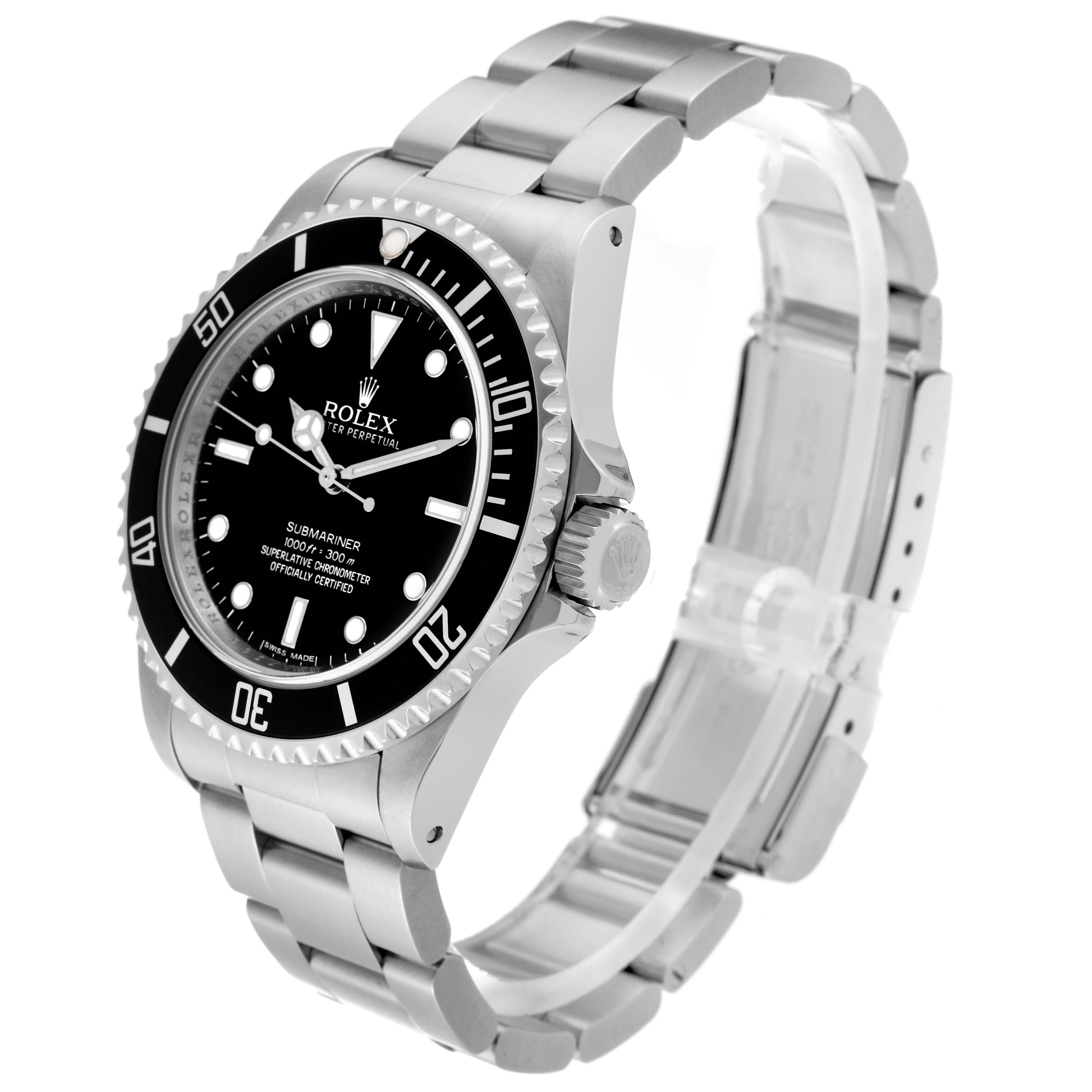 The image shows an angled side view of a Rolex Submariner 14060M Men
s Stainless Steel Black Dial 14060M Men
s Stainless Steel Black Dial watch, highlighting the crown, bezel, dial, and bracelet.
