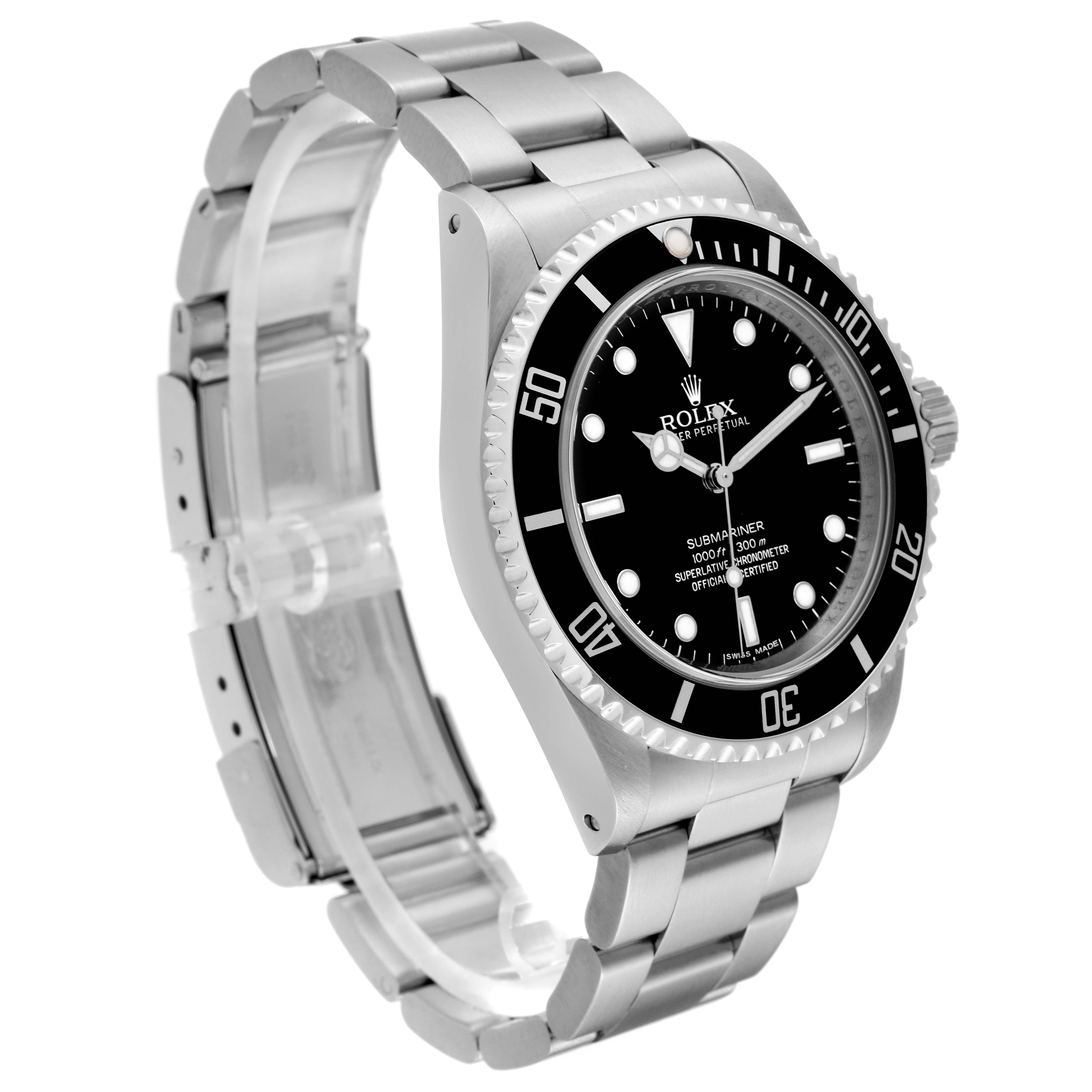 This side angle view of the Rolex Submariner 14060M Men
s Stainless Steel Black Dial 14060M Men
s Stainless Steel Black Dial shows the watch face, bezel, crown, and partially opened stainless steel bracelet.