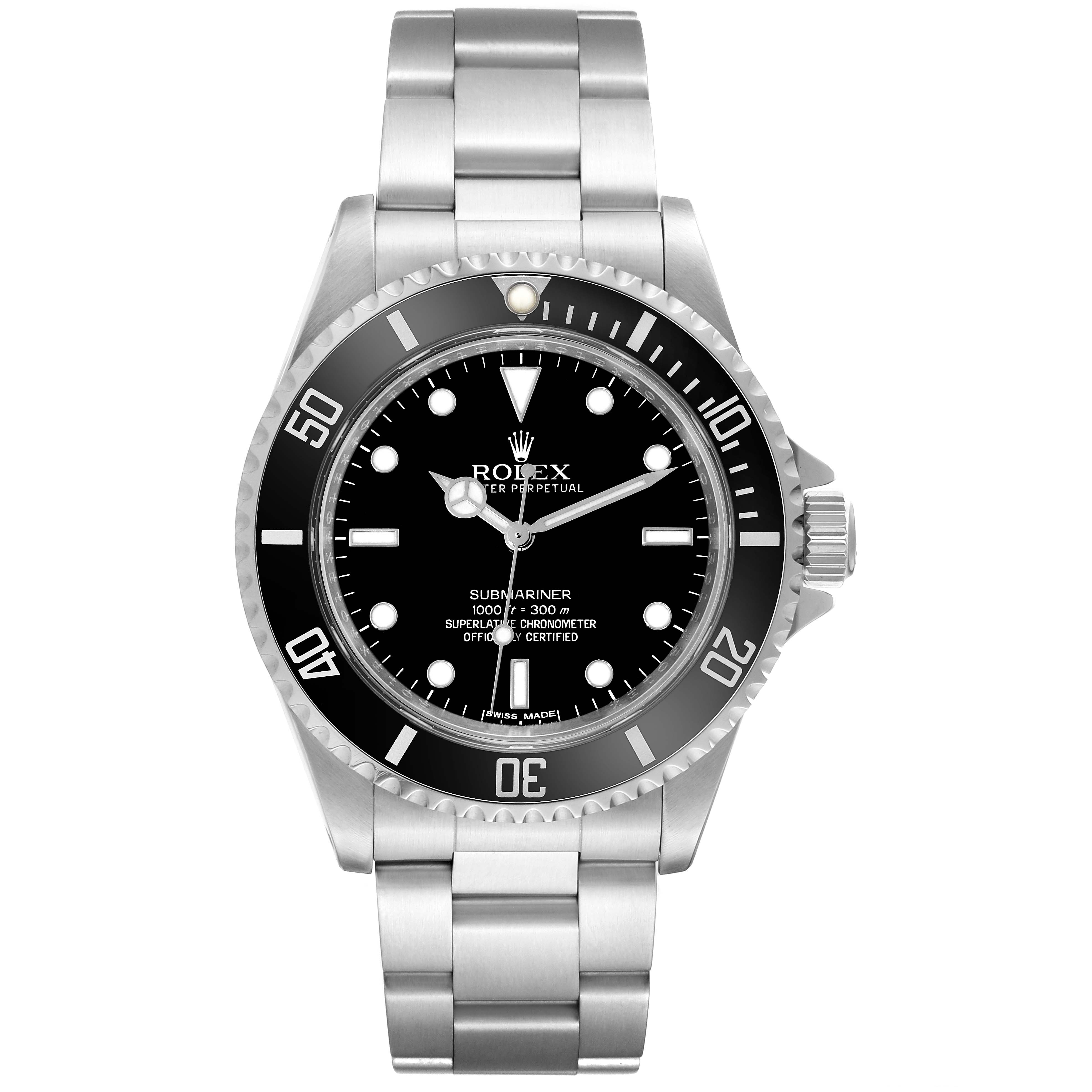 The Rolex Submariner 14060M Men
s Stainless Steel Black Dial 14060M Men
s Stainless Steel Black Dial watch is shown from a front angle, displaying the face, bezel, and bracelet.