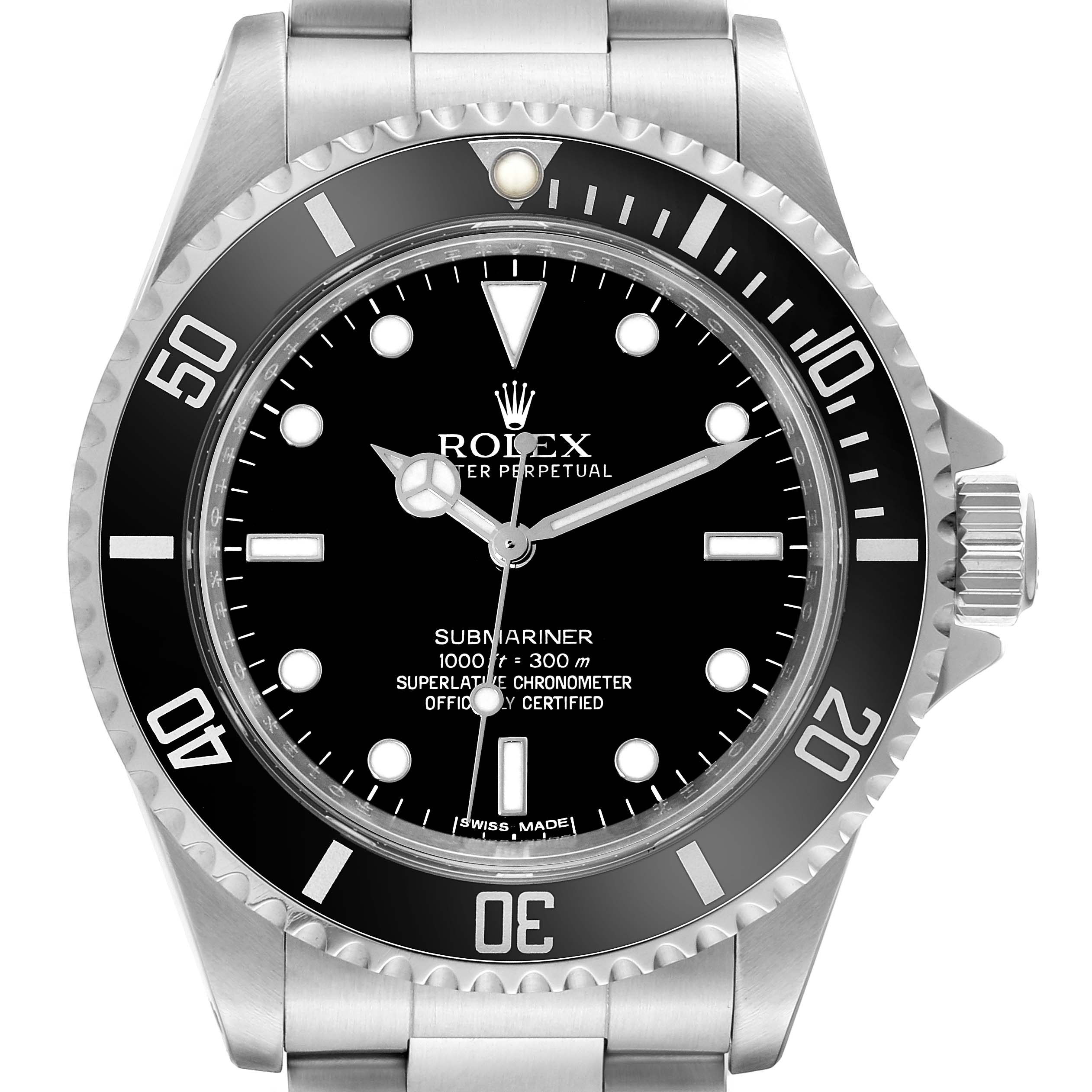 The image shows a front view of the face and bezel of the Rolex Submariner 14060M Men
s Stainless Steel Black Dial 14060M Men
s Stainless Steel Black Dial watch.