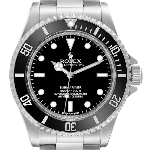 The image shows a Rolex Submariner watch, showcasing the dial, bezel, and part of the bracelet from a front angle.