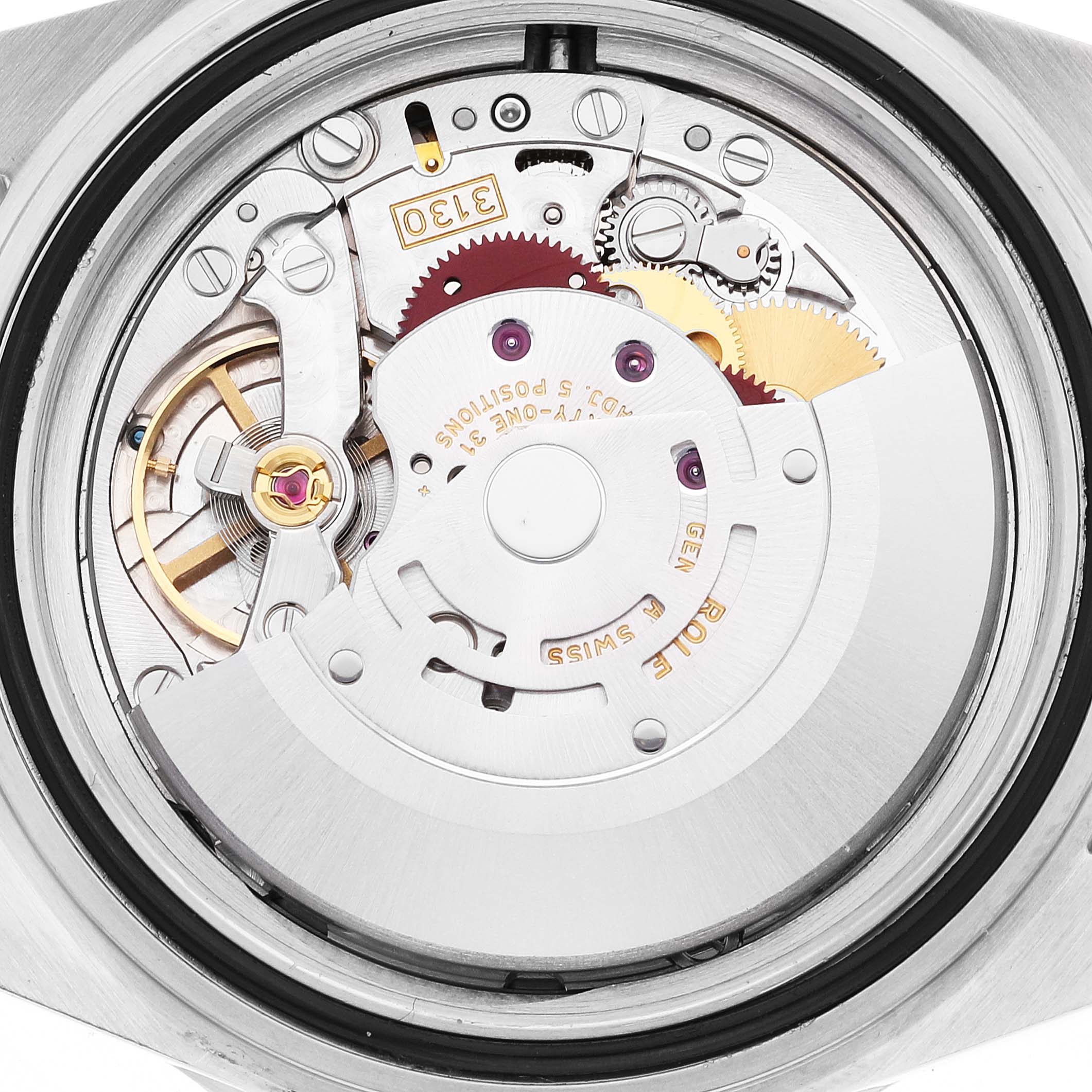The image shows a close-up view of the movement and internal mechanisms of a Rolex Submariner 14060 Men
s Stainless Steel Black Dial 14060 Men
s Stainless Steel Black Dial watch.