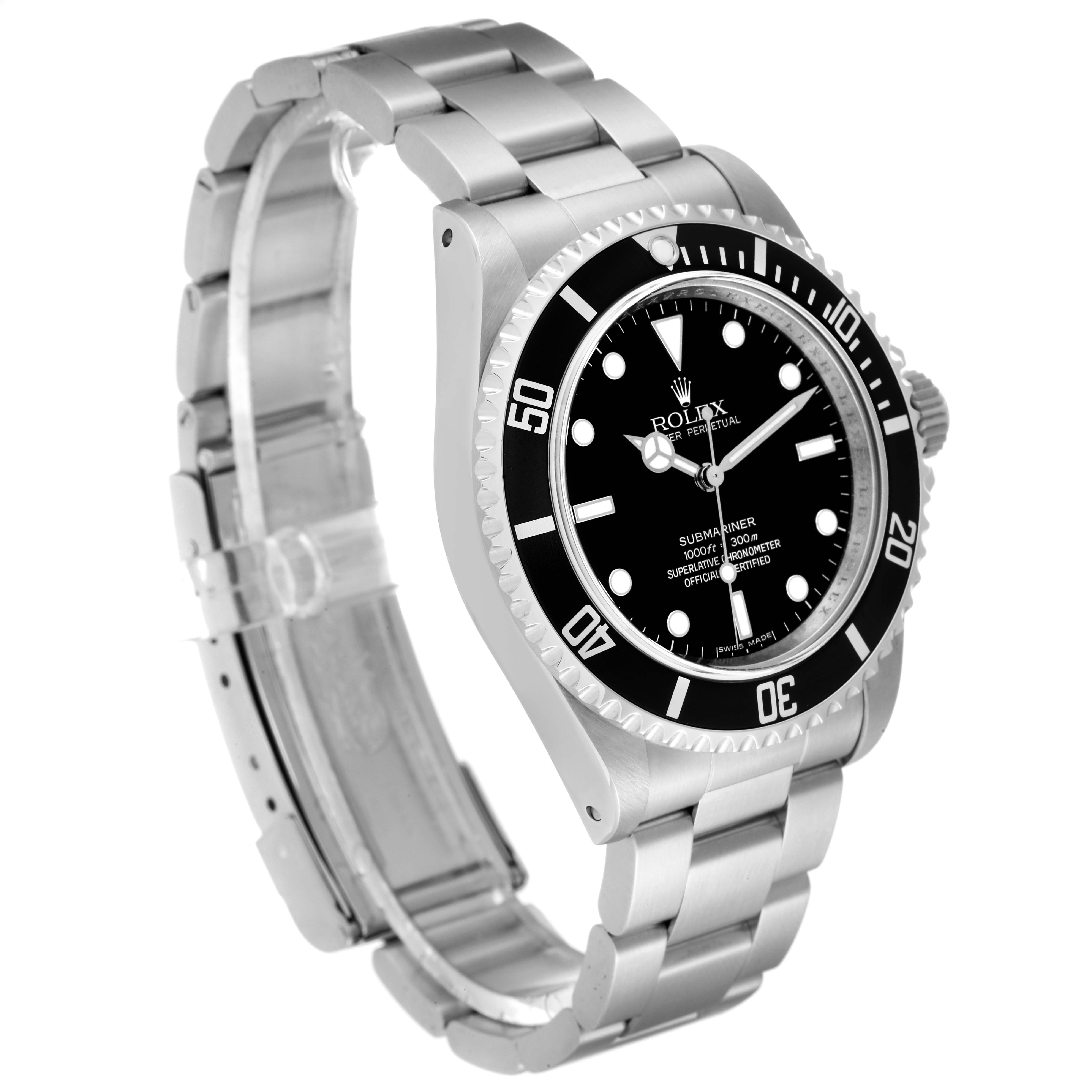 This image shows a side angle of a Rolex Submariner 14060 Men
s Stainless Steel Black Dial 14060 Men
s Stainless Steel Black Dial watch, highlighting the bezel, dial, crown, and stainless steel bracelet.