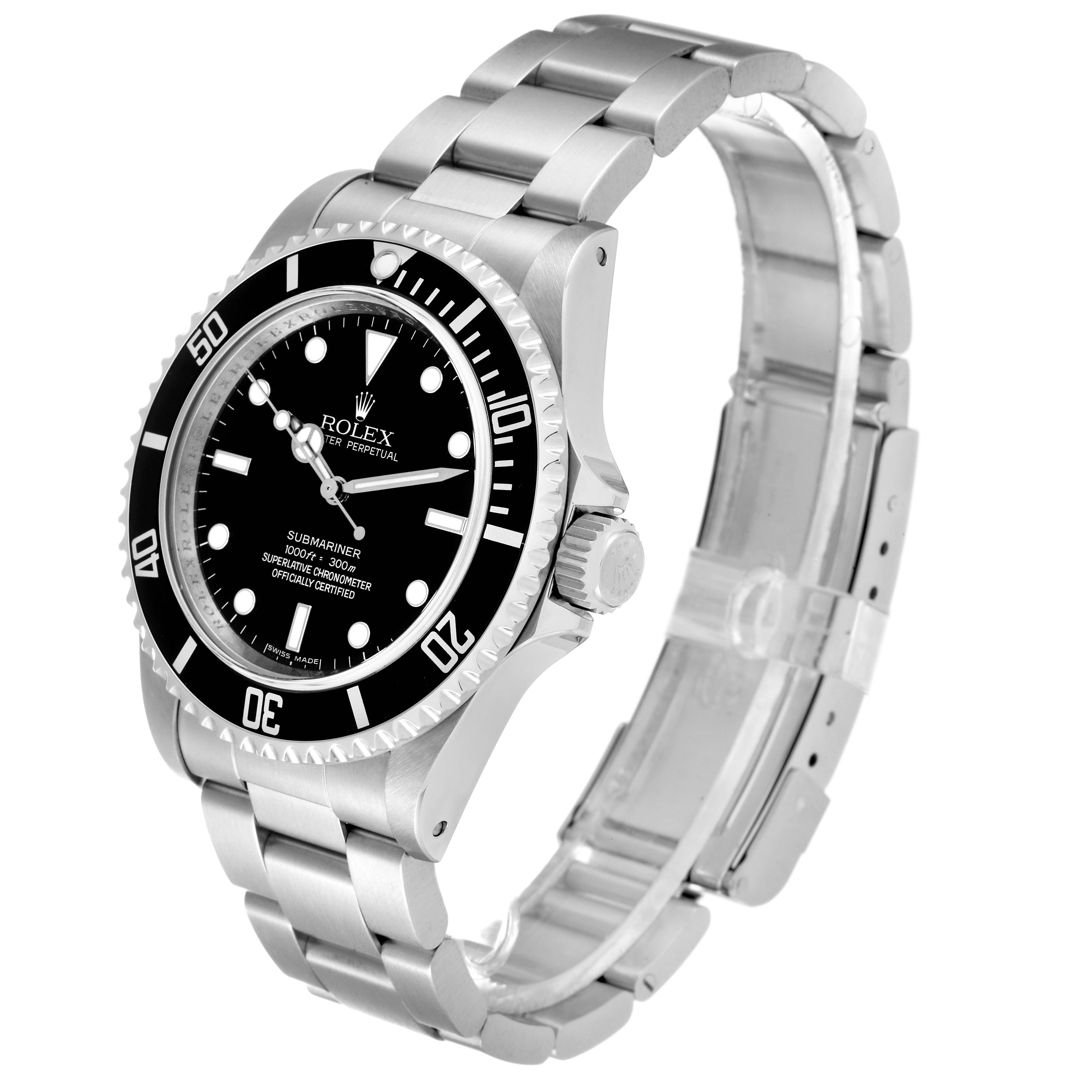 The image shows a Rolex Submariner 14060 Men
s Stainless Steel Black Dial 14060 Men
s Stainless Steel Black Dial watch at a three-quarter angle, displaying its face, bezel, crown, and stainless steel bracelet.
