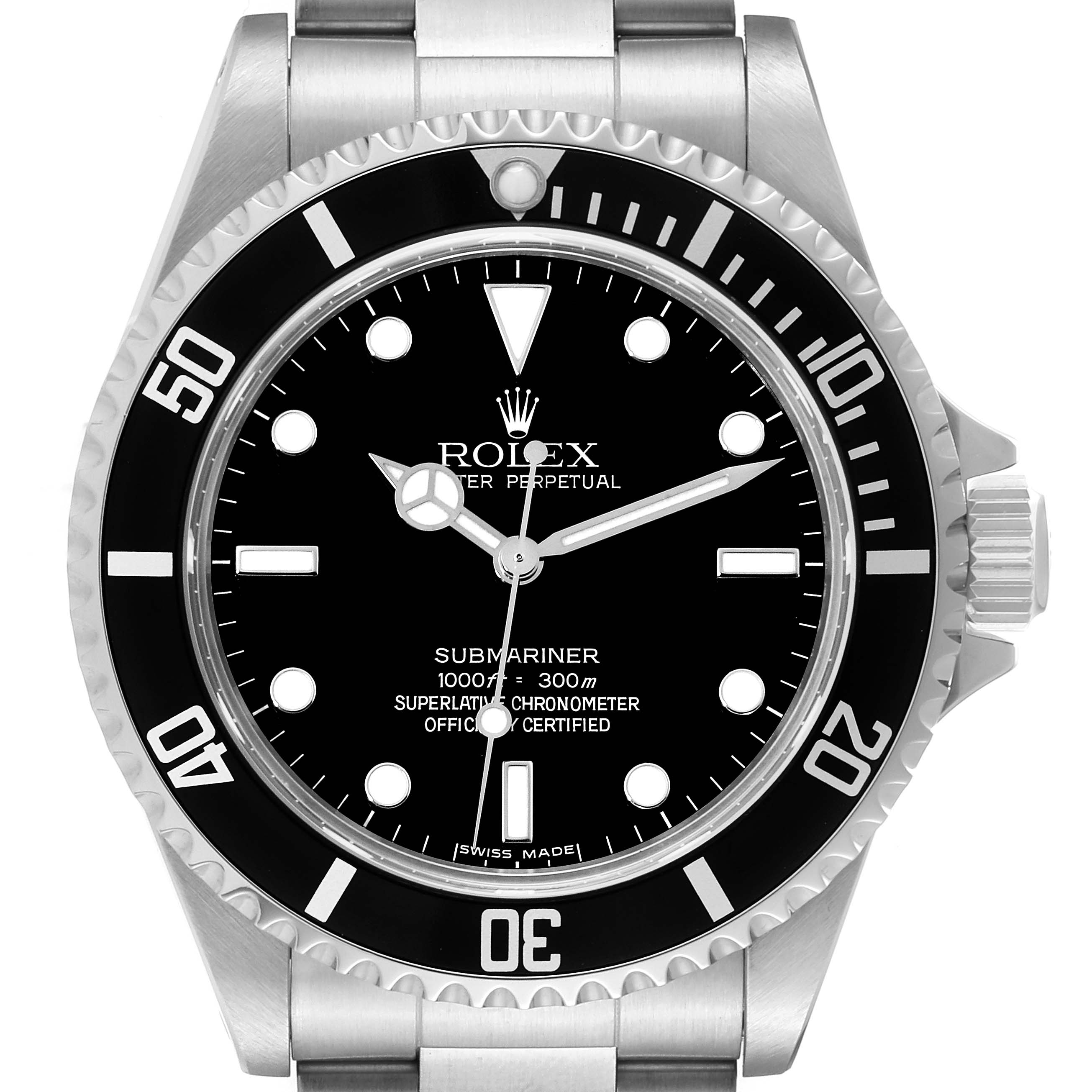 The image shows a front view of a Rolex Submariner 14060 Men
s Stainless Steel Black Dial 14060 Men
s Stainless Steel Black Dial watch, displaying its black dial, bezel, and part of the bracelet.