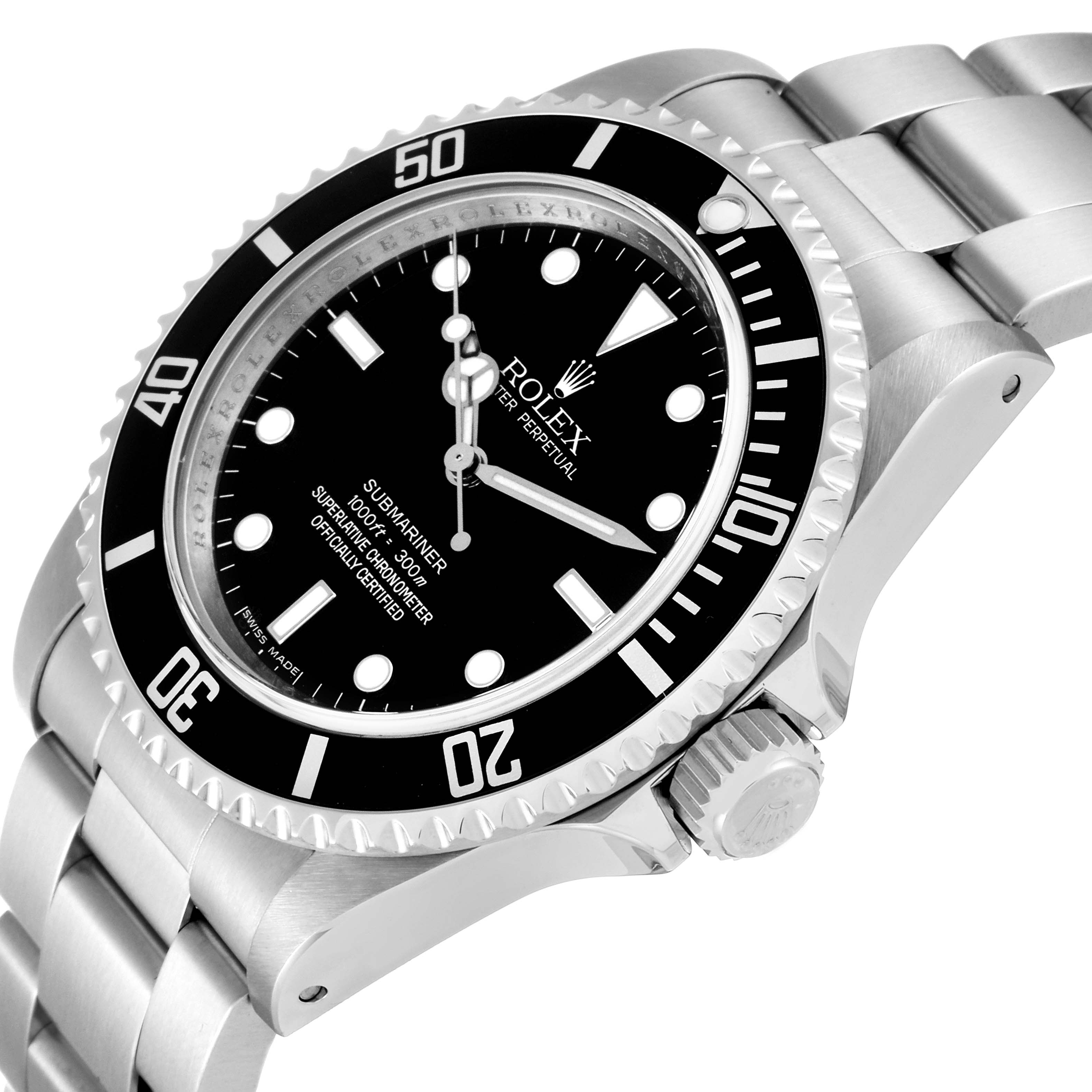 The image shows the Rolex Submariner 14060 Men
s Stainless Steel Black Dial 14060 Men
s Stainless Steel Black Dial watch at an angle highlighting the dial, bezel, crown, and part of the bracelet.