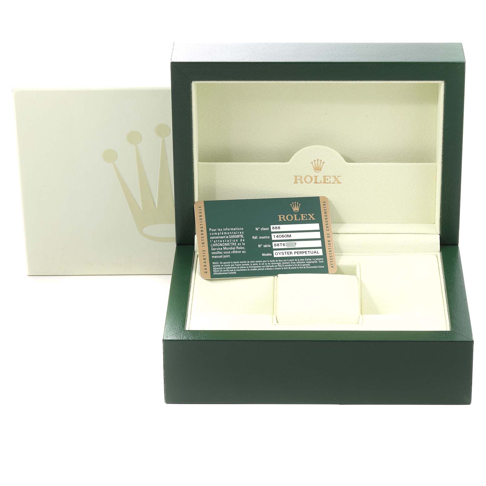 The image shows an open Rolex Submariner 14060 Men
s Stainless Steel Black Dial 14060 Men
s Stainless Steel Black Dial watch box, including a warranty card and branded box interior.