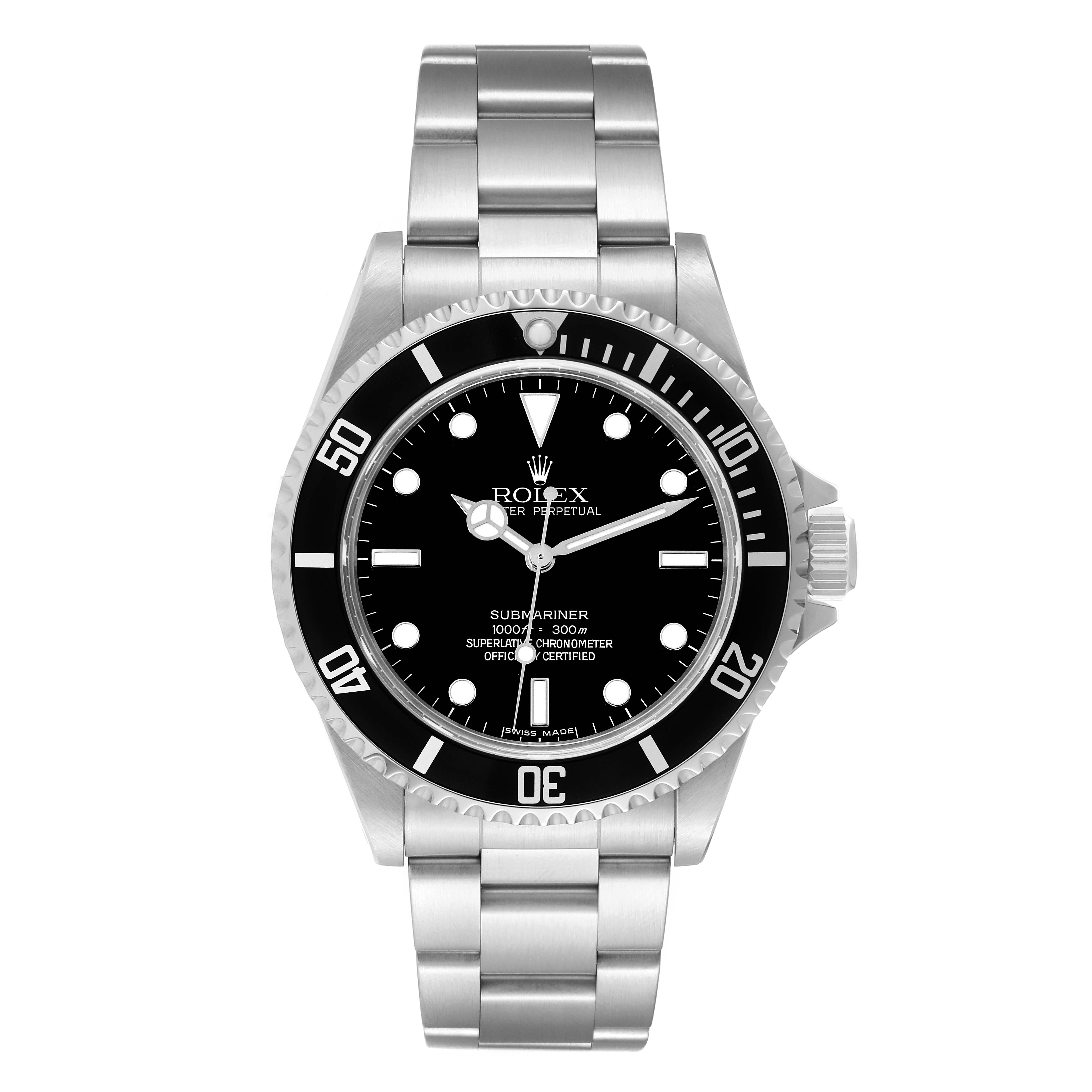 The image shows a front view of a Rolex Submariner 14060 Men
s Stainless Steel Black Dial 14060 Men
s Stainless Steel Black Dial watch, displaying the case, dial, bezel, and bracelet.