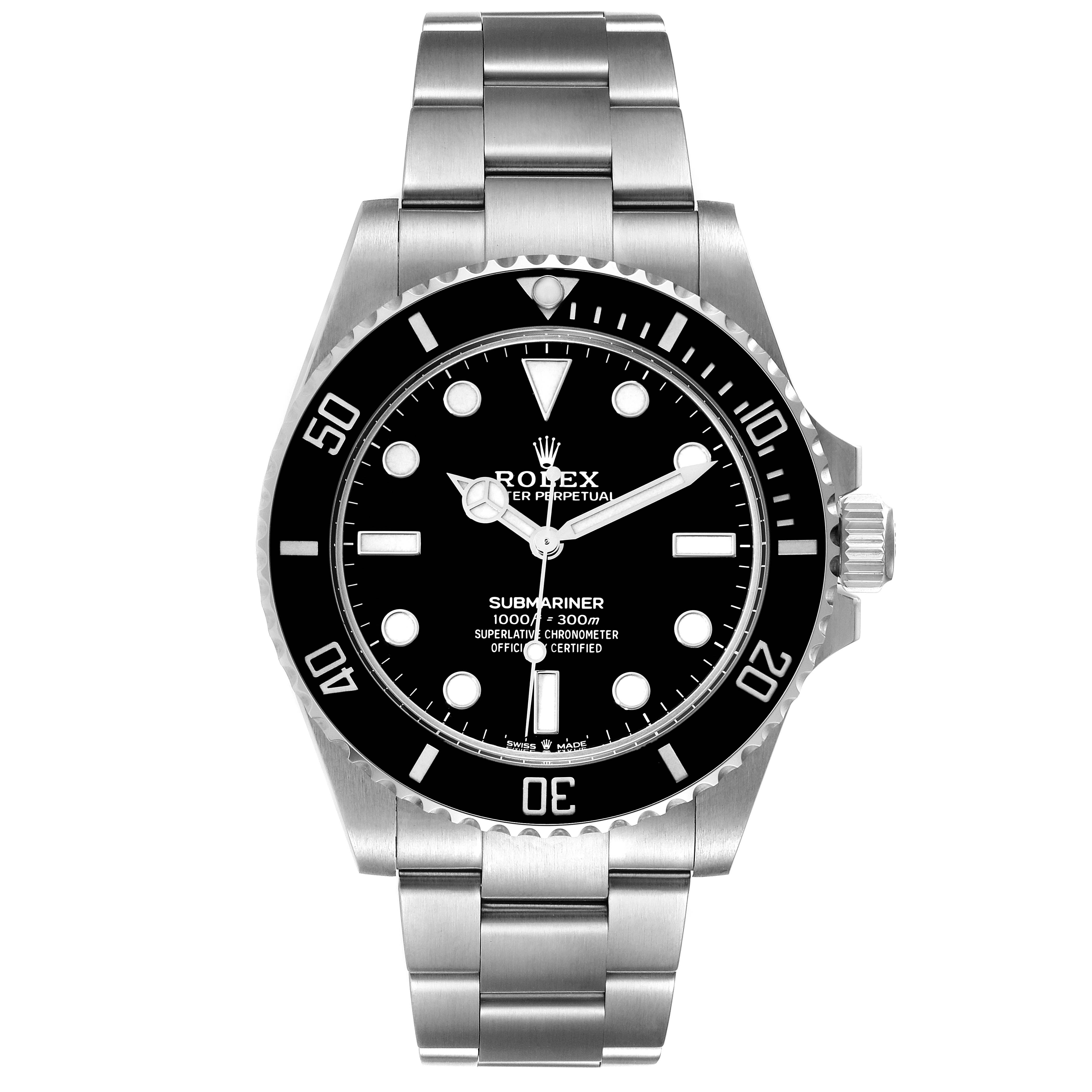 This is a front-facing view of a Rolex Submariner 124060 Men
s Stainless Steel Black Dial 124060 Men
s Stainless Steel Black Dial watch, showcasing the dial, bezel, bracelet, and crown.