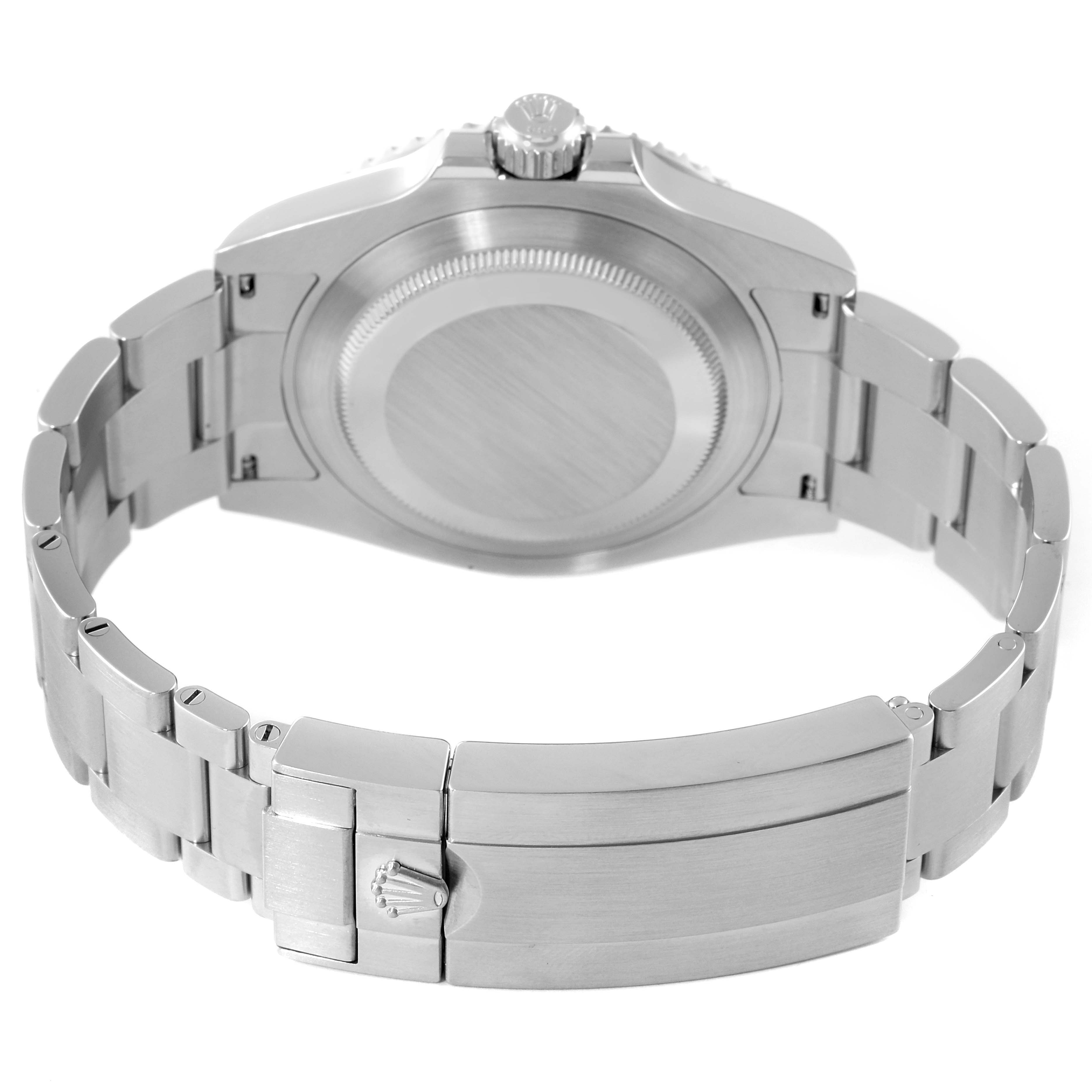 The image shows the back view of the Rolex Submariner 124060 Men
s Stainless Steel Black Dial 124060 Men
s Stainless Steel Black Dial watch, focusing on the case back and stainless steel bracelet.