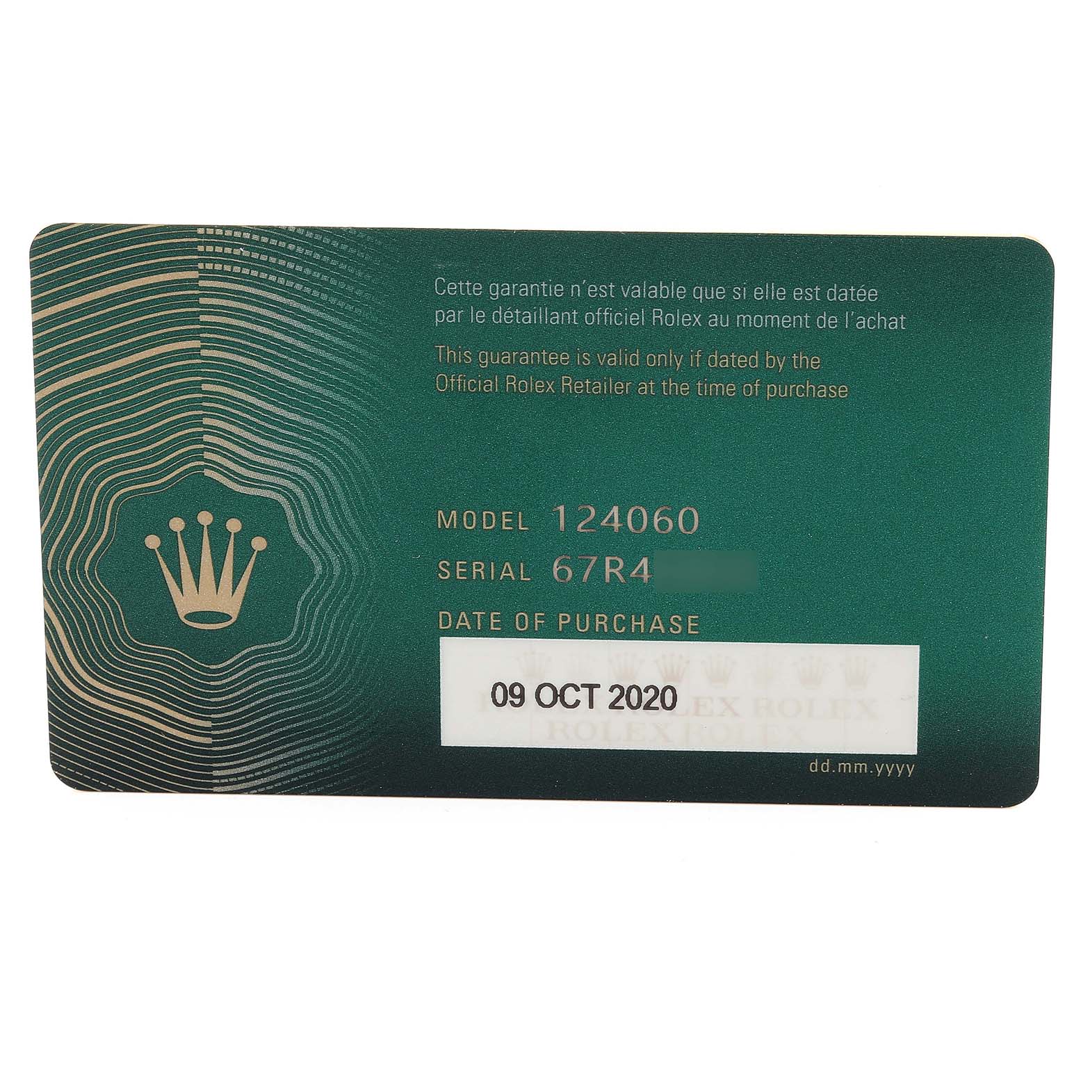 This image shows the warranty card for a Rolex Submariner 124060 Men
s Stainless Steel Black Dial 124060 Men
s Stainless Steel Black Dial model 124060, stating the purchase date as 09 OCT 2020.