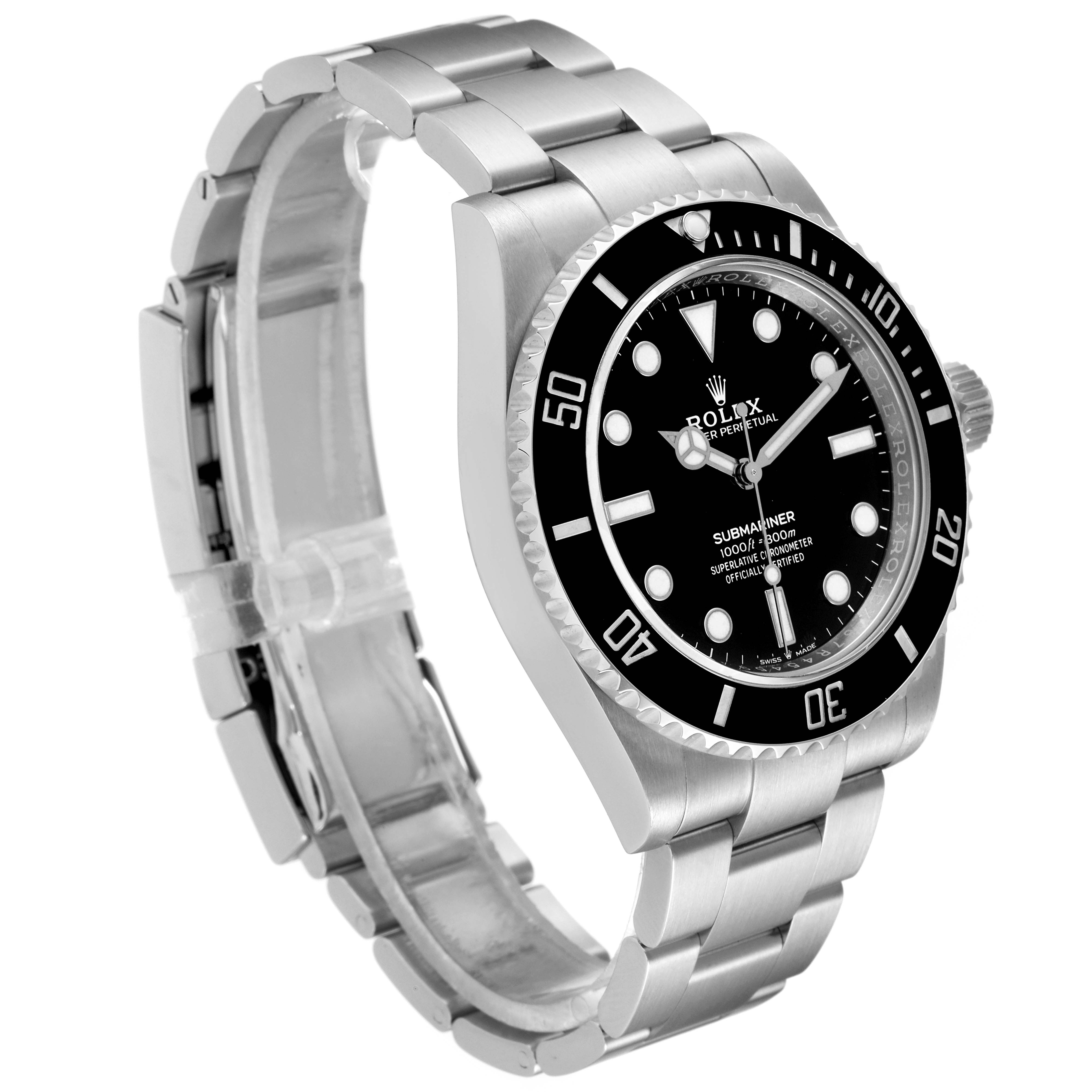 The image shows a Rolex Submariner 124060 Men
s Stainless Steel Black Dial 124060 Men
s Stainless Steel Black Dial watch from a front angled view, highlighting its black bezel, dial, and stainless steel bracelet.