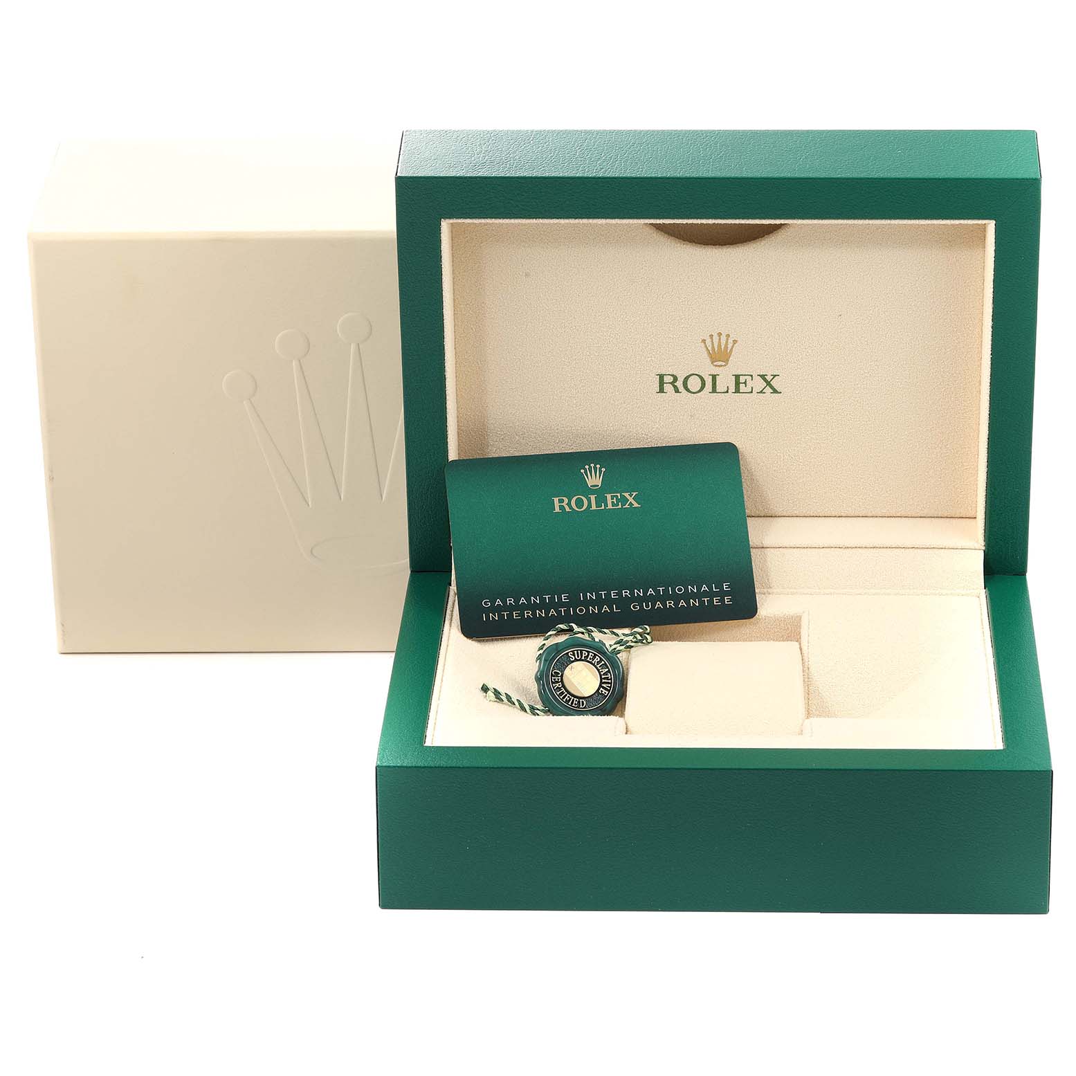 The image shows an open Rolex Submariner 124060 Men
s Stainless Steel Black Dial 124060 Men
s Stainless Steel Black Dial box with a warranty card and tags inside at a front-facing angle.