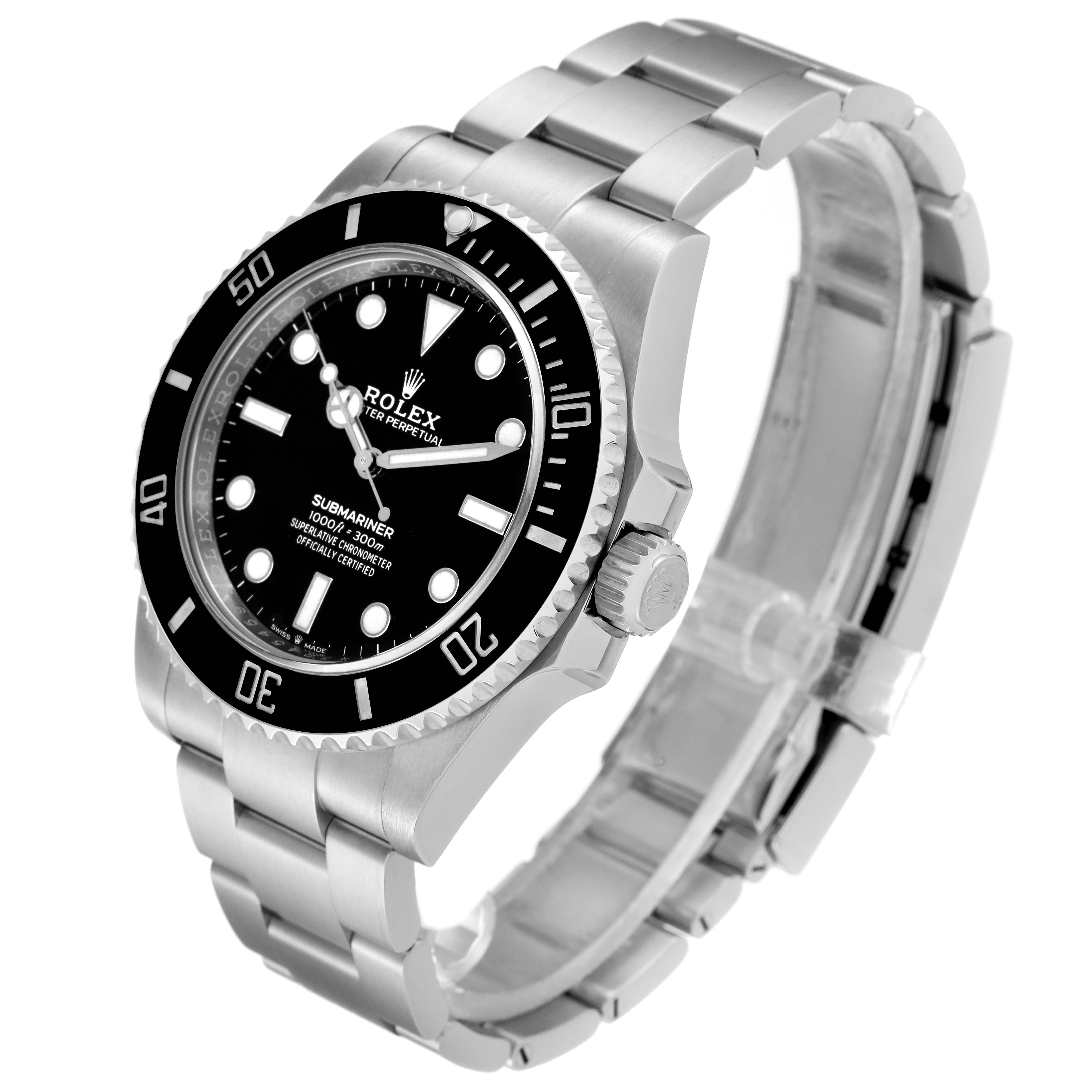 The Rolex Submariner 124060 Men
s Stainless Steel Black Dial 124060 Men
s Stainless Steel Black Dial watch is shown at a three-quarter angle, highlighting the face, bezel, crown, and bracelet.