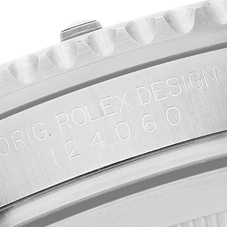 The image shows a close-up of the case side and bezel of a Rolex Submariner 124060 Men
s Stainless Steel Black Dial 124060 Men
s Stainless Steel Black Dial, featuring the model number 124060 engraved.
