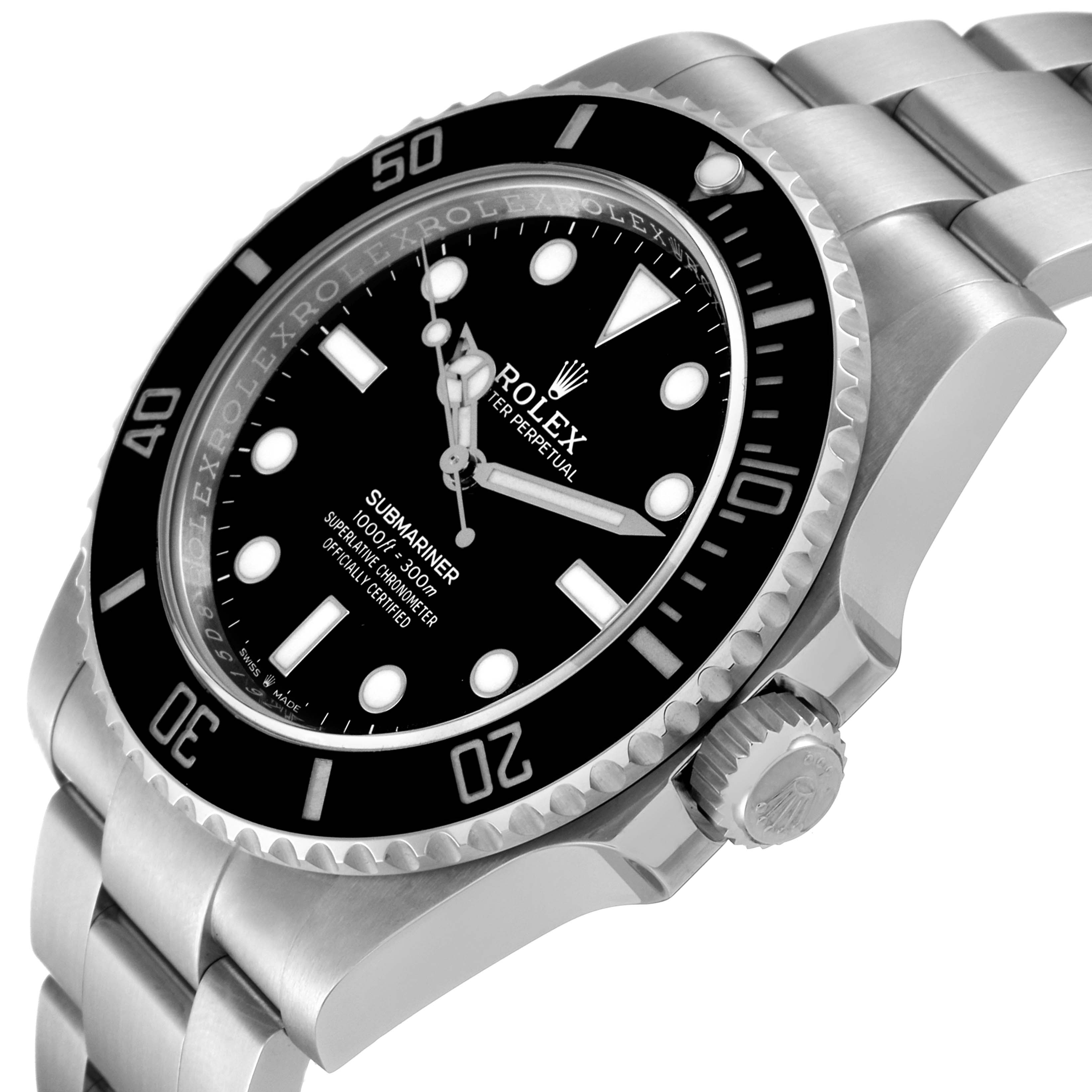 The image shows a close-up angle of the Rolex Submariner 124060 Men
s Stainless Steel Black Dial 124060 Men
s Stainless Steel Black Dial, highlighting its black dial, bezel, and stainless steel bracelet.