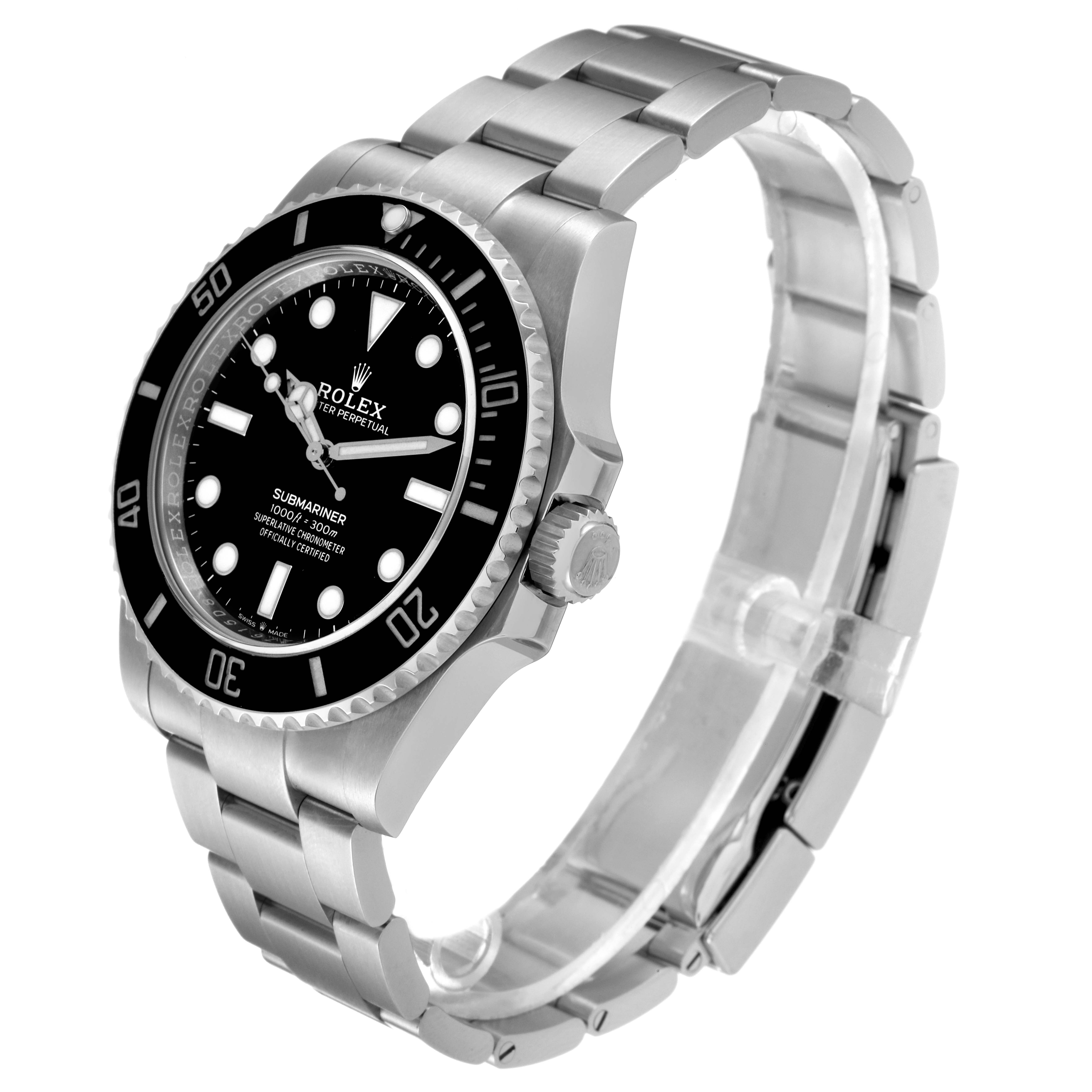 This is a side and top view of a Rolex Submariner 124060 Men
s Stainless Steel Black Dial 124060 Men
s Stainless Steel Black Dial watch, showcasing its dial, bezel, crown, and bracelet.