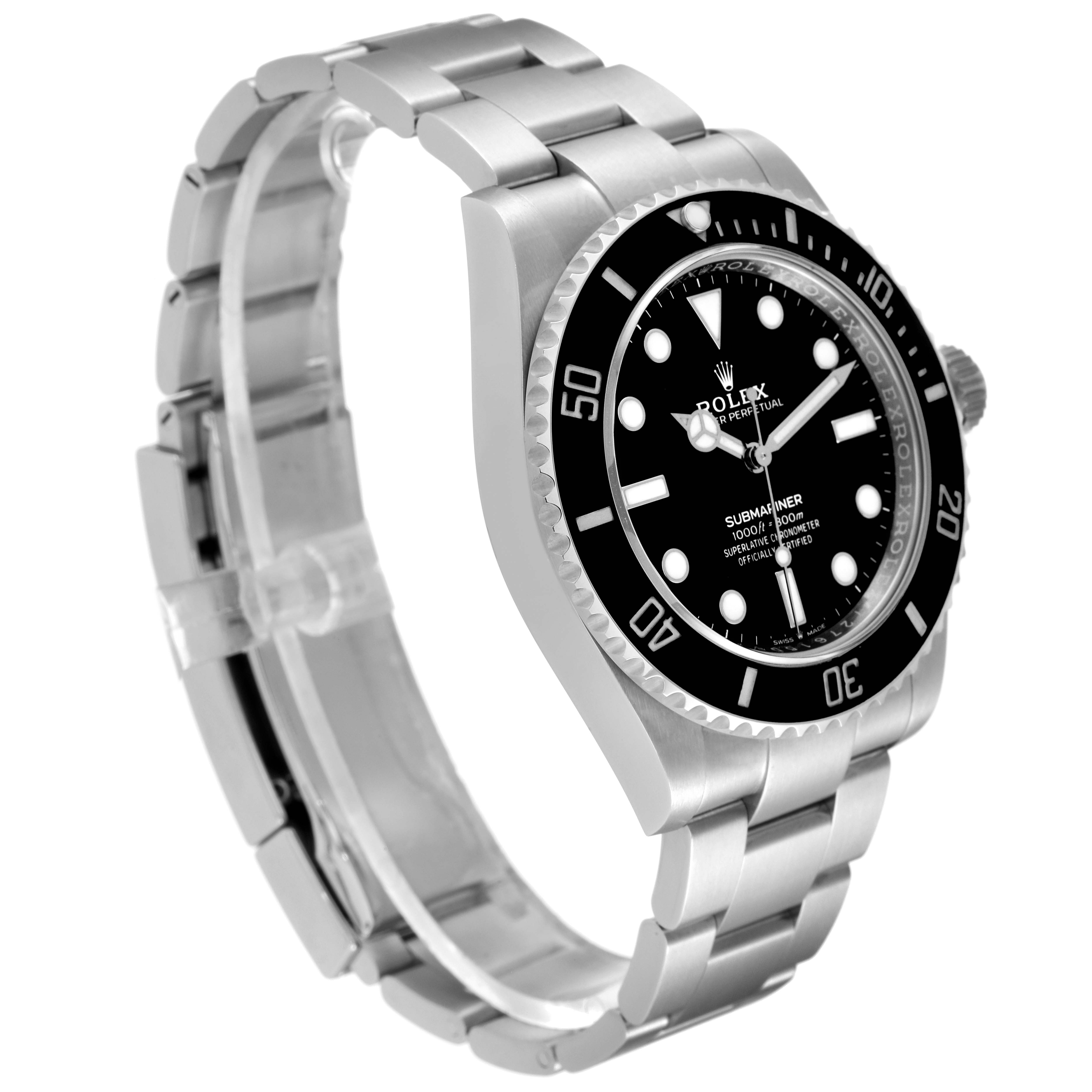 The image shows a side angle view of the Rolex Submariner 124060 Men
s Stainless Steel Black Dial 124060 Men
s Stainless Steel Black Dial, displaying the watch
s face and stainless steel bracelet.