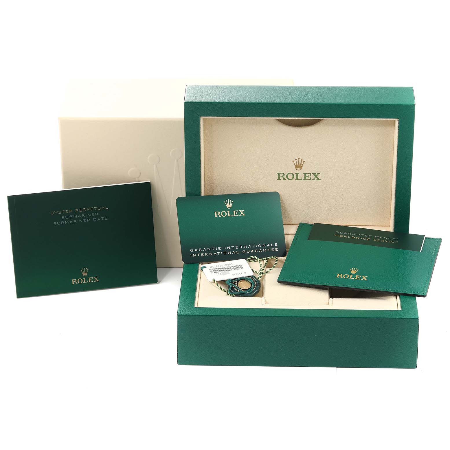 The image shows the packaging, warranty cards, manuals, and tag for a Rolex Submariner 124060 Men
s Stainless Steel Black Dial 124060 Men
s Stainless Steel Black Dial watch.