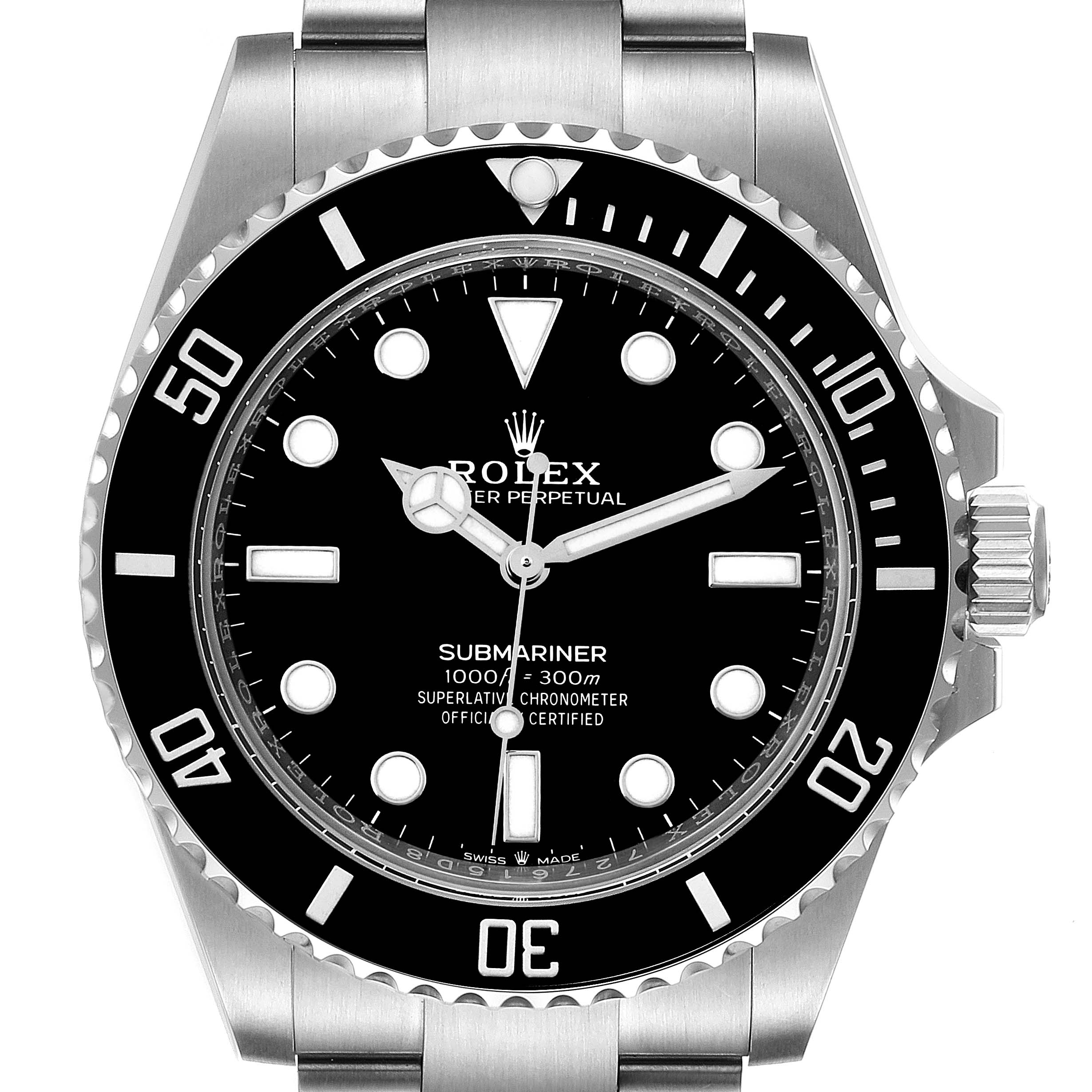 This Rolex Submariner 124060 Men
s Stainless Steel Black Dial 124060 Men
s Stainless Steel Black Dial watch is shown from a top-down angle, displaying its bezel, dial, hands, and part of the bracelet.