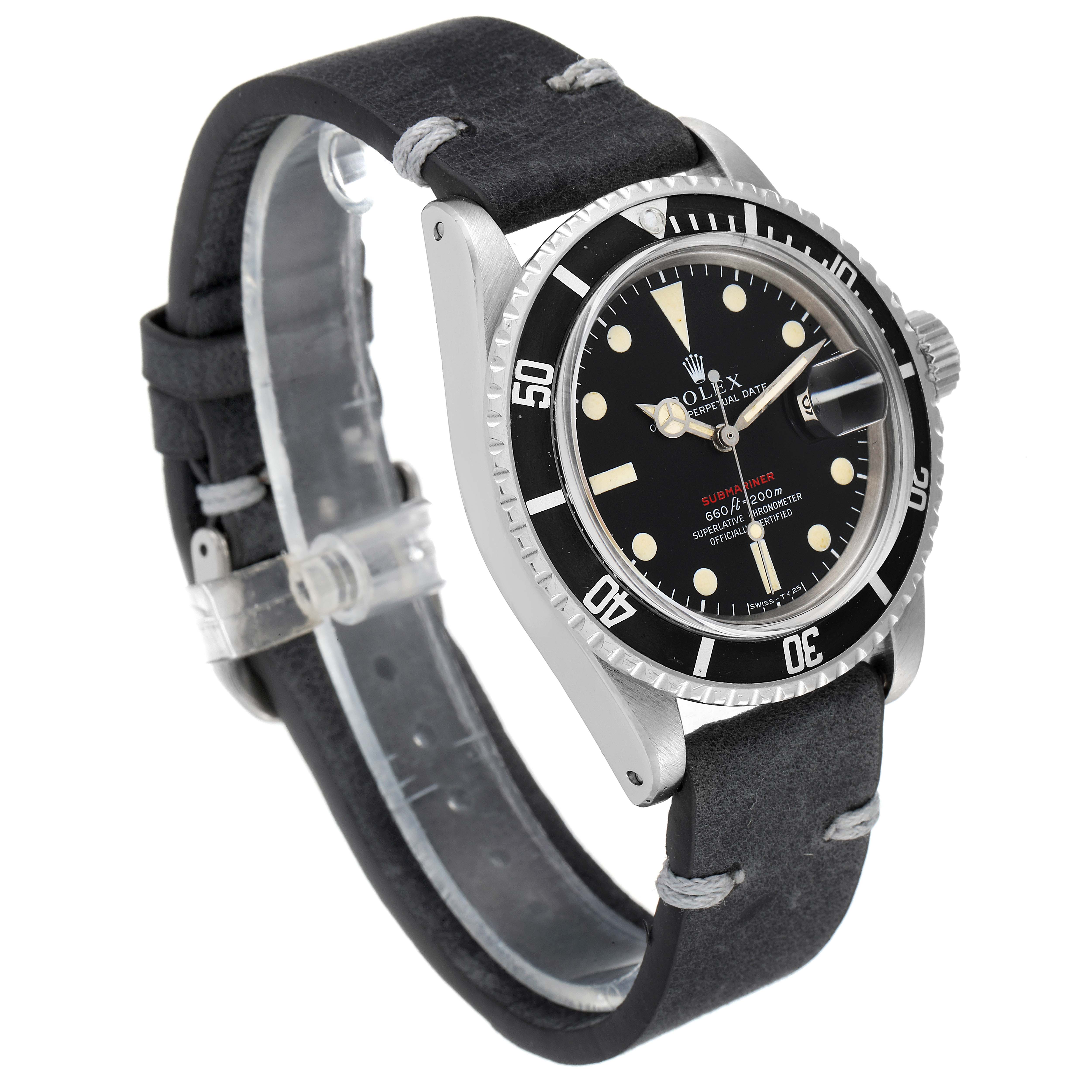 The Rolex Vintage Collection 1680 Men's Stainless Steel Black Dial 1680 Men's Stainless Steel Black Dial model is shown from a three-quarter angle highlighting its face, bezel, and wrist strap.