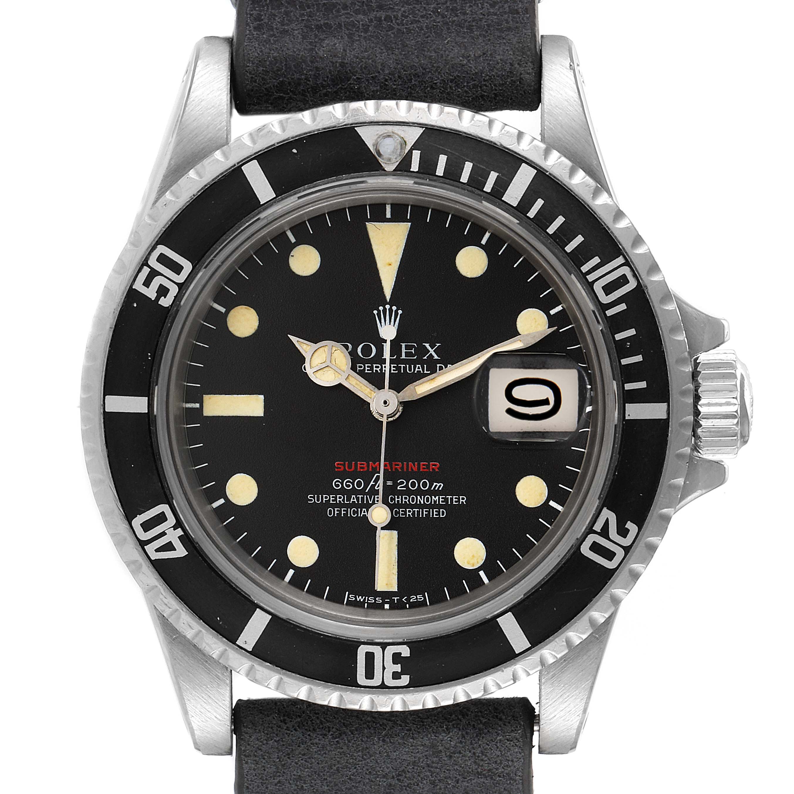 The image shows a frontal view of the Rolex Vintage Collection 1680 Men's Stainless Steel Black Dial 1680 Men's Stainless Steel Black Dial Submariner watch, detailing the dial, bezel, and crown.