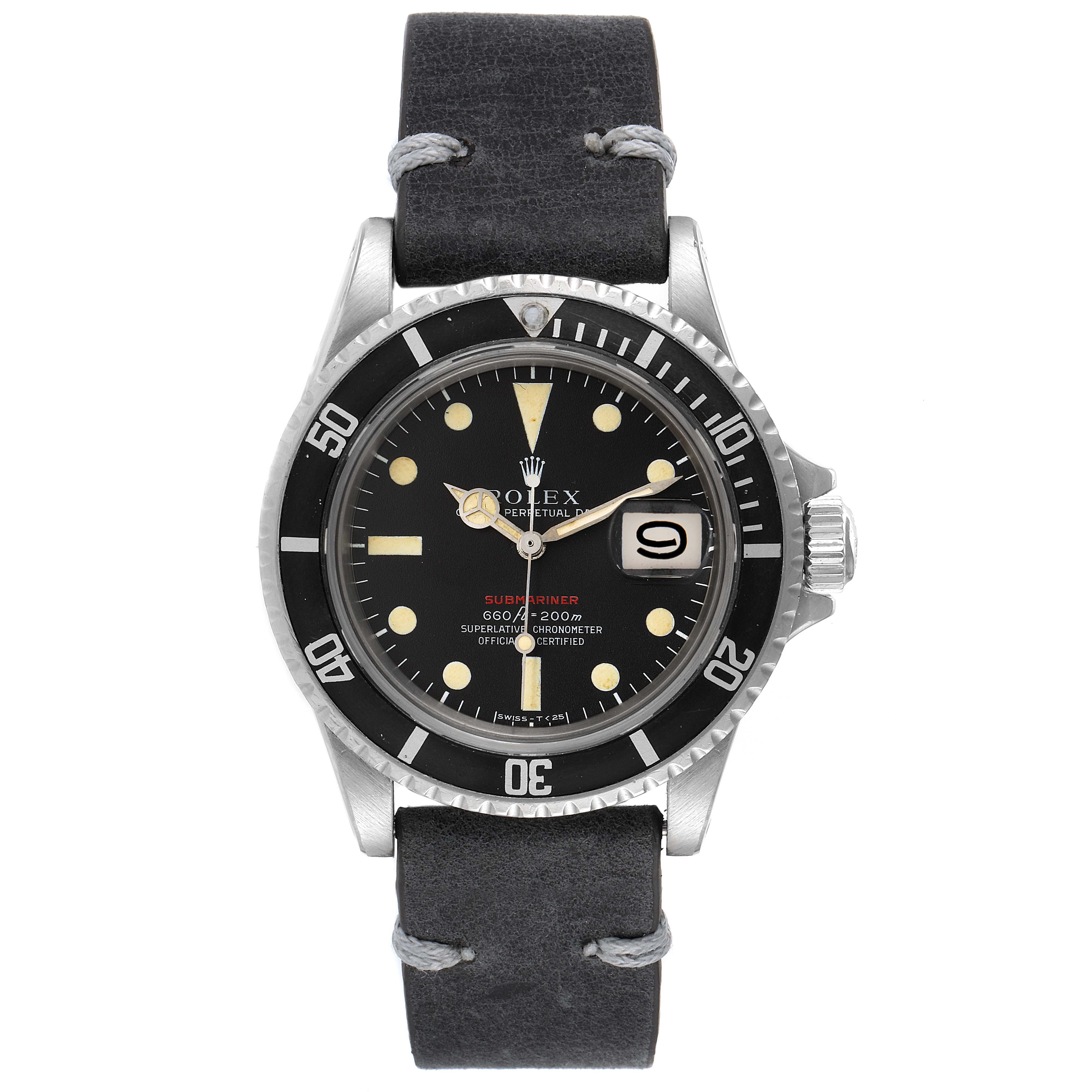 The image shows a front view of a Rolex Vintage Collection 1680 Men's Stainless Steel Black Dial 1680 Men's Stainless Steel Black Dial Submariner watch, highlighting the dial, bezel, crown, and strap.
