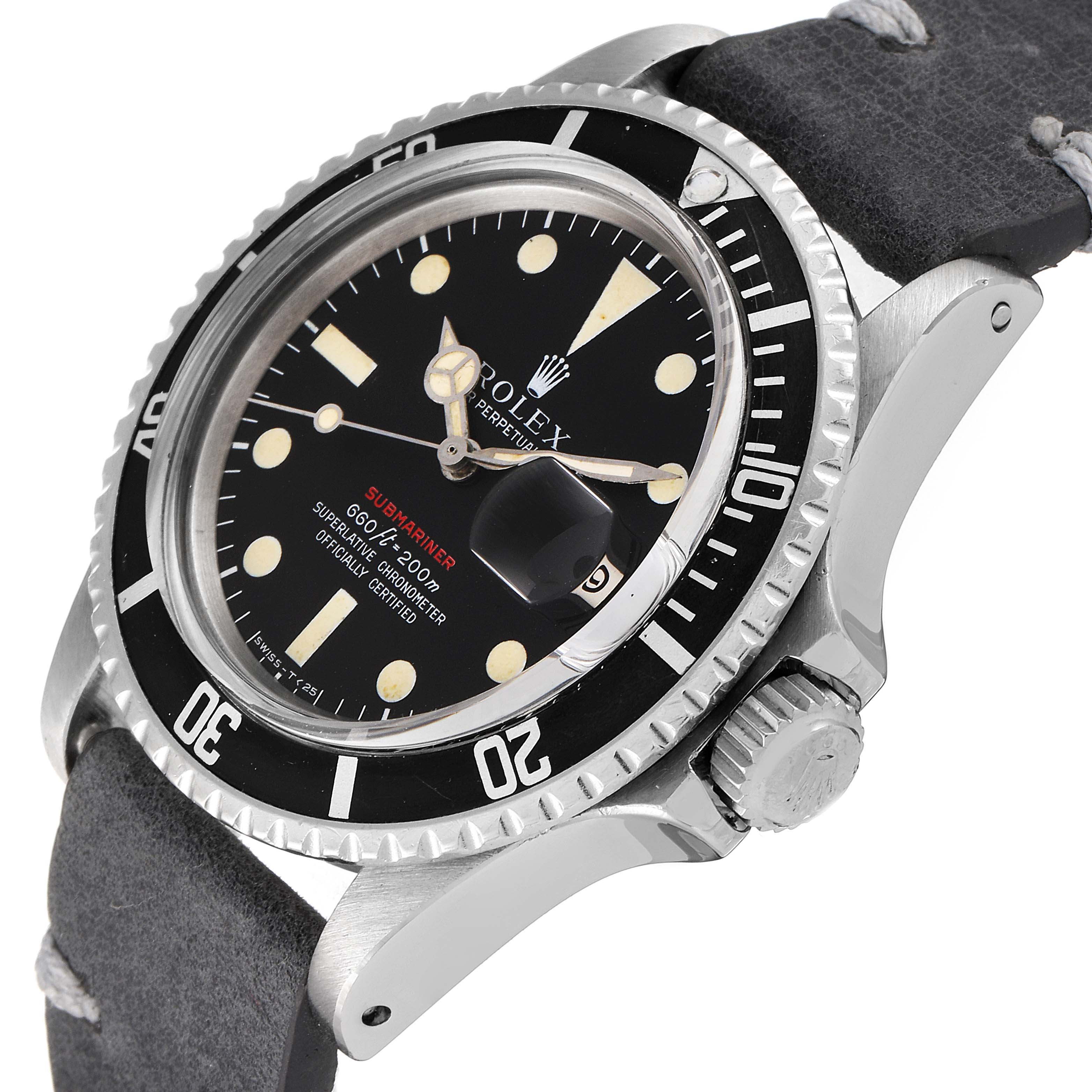 The image shows a close-up, angled view of a Rolex Vintage Collection 1680 Men's Stainless Steel Black Dial 1680 Men's Stainless Steel Black Dial Submariner watch, highlighting the dial, bezel, and crown.