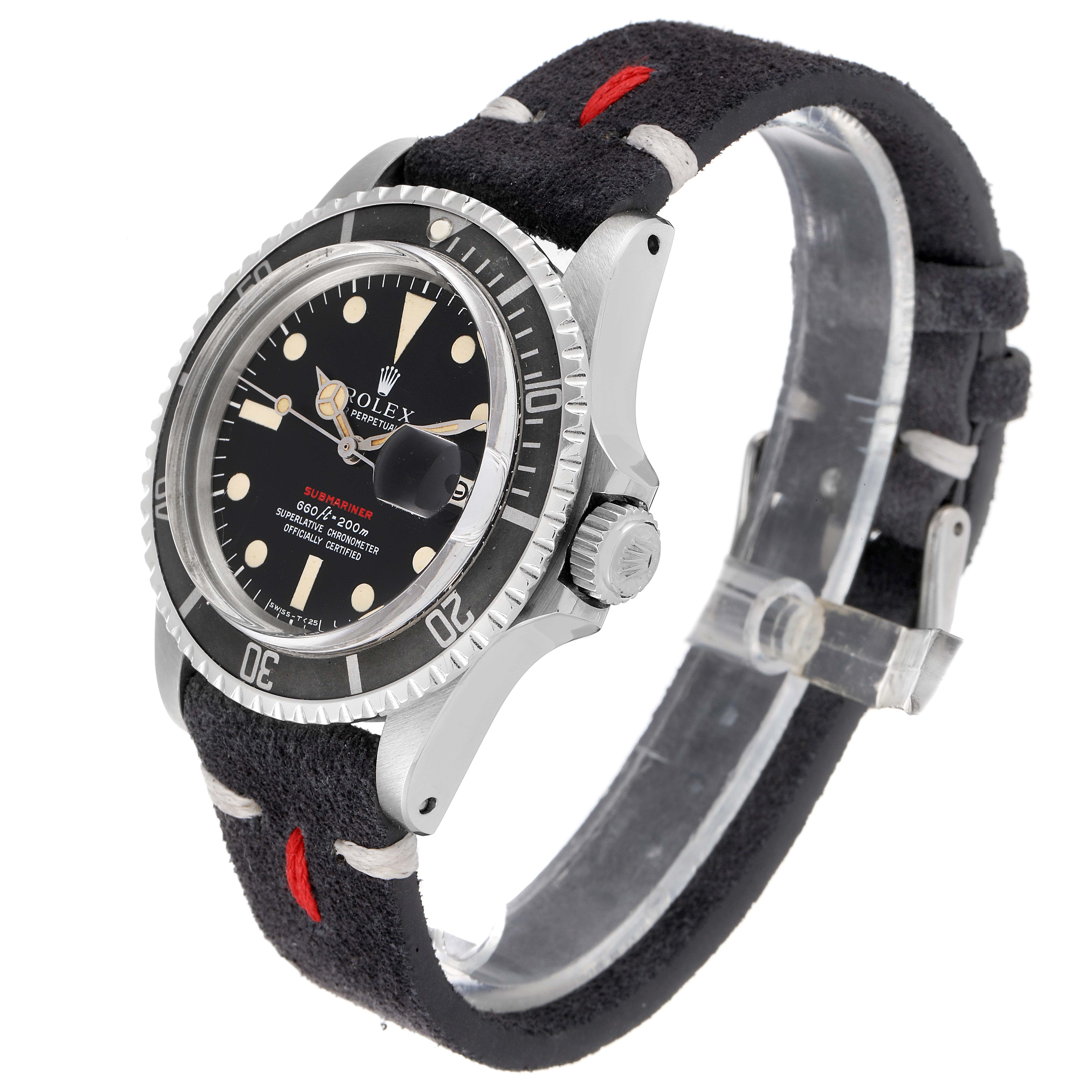 The Rolex Vintage Collection 1680 Men's Stainless Steel Black Dial 1680 Men's Stainless Steel Black Dial watch is shown at an angled view, displaying its bezel, dial, crown, and leather strap.