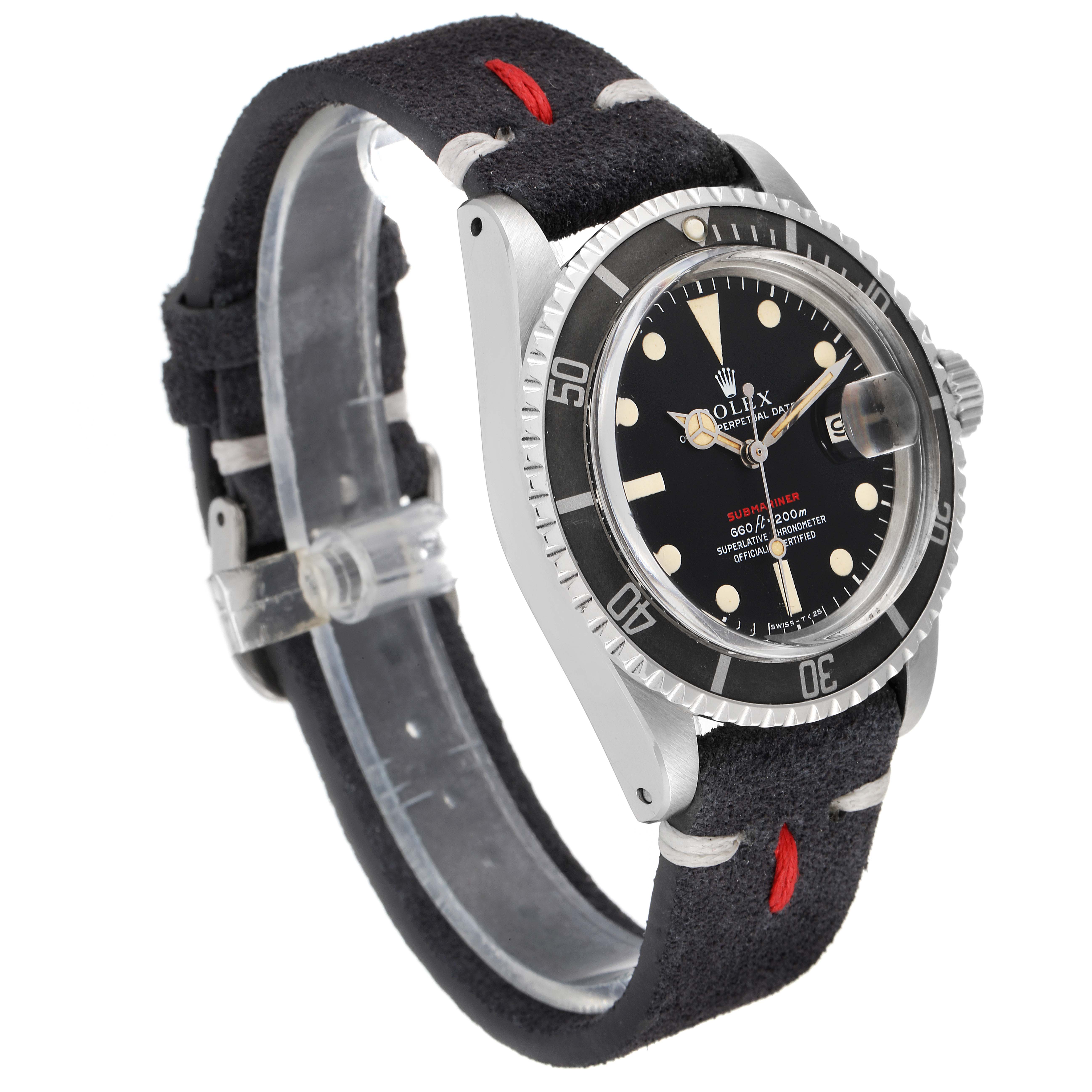 This image shows a side-angled view of the Rolex Vintage Collection 1680 Men's Stainless Steel Black Dial 1680 Men's Stainless Steel Black Dial model watch, displaying its face, bezel, crown, and strap.