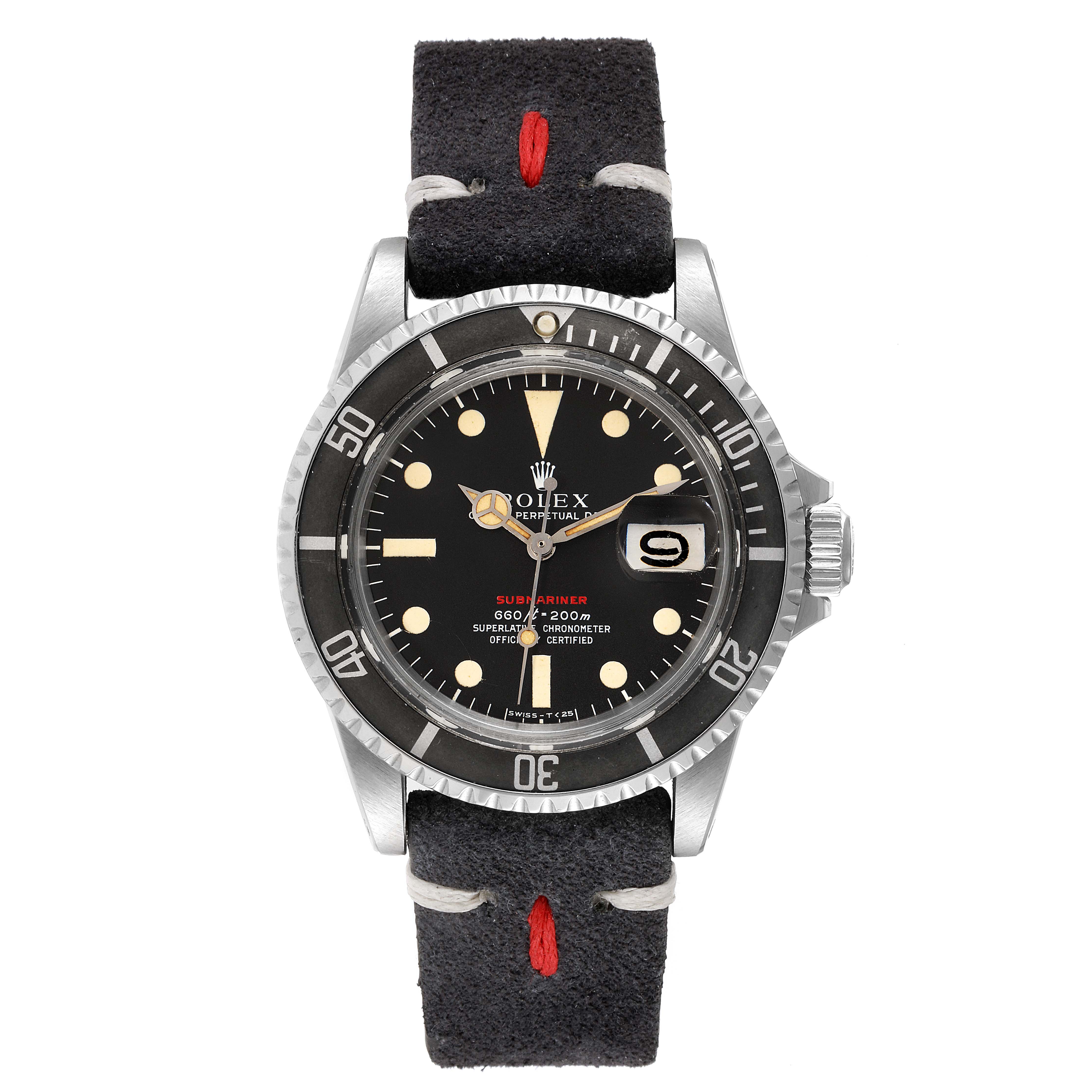 This image shows a front view of the Rolex Vintage Collection 1680 Men's Stainless Steel Black Dial 1680 Men's Stainless Steel Black Dial Submariner watch, highlighting its face and bezel.
