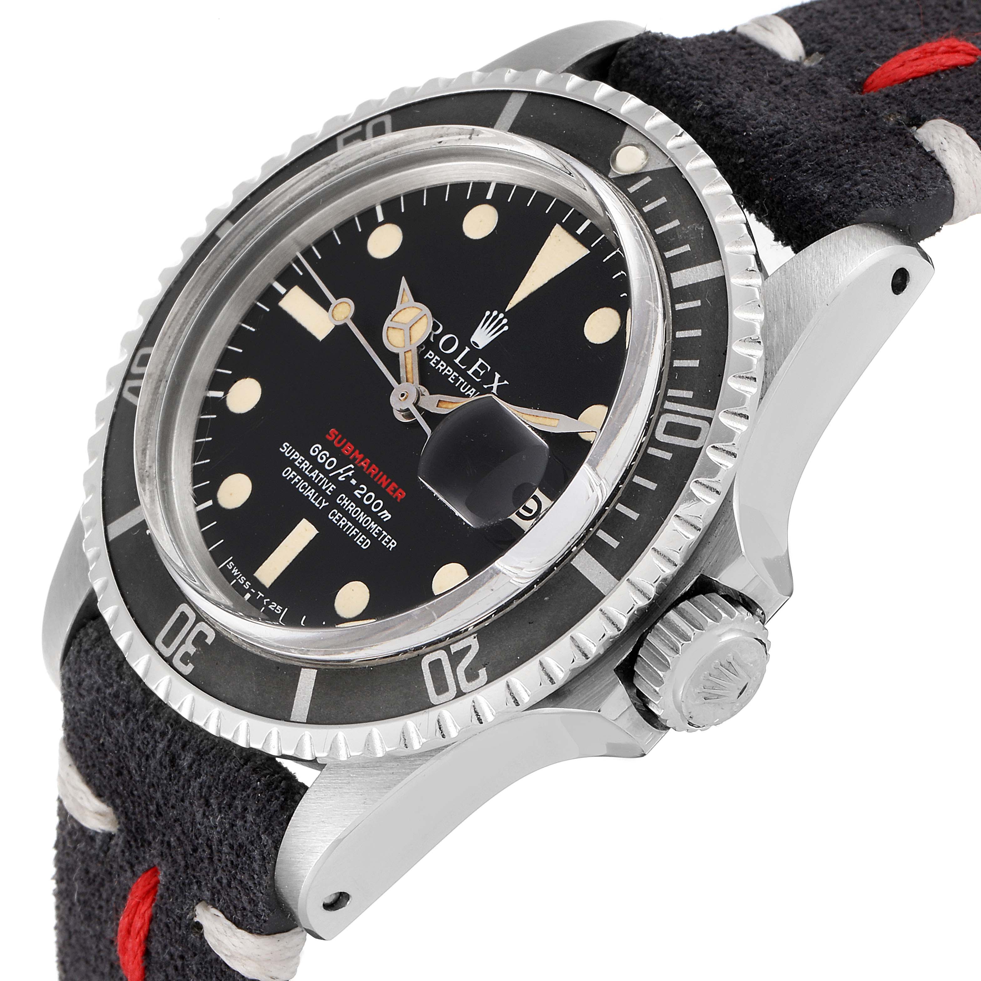 The Rolex Vintage Collection 1680 Men's Stainless Steel Black Dial 1680 Men's Stainless Steel Black Dial watch is viewed in a close-up angle, showing the bezel, crown, dial, and part of the strap.