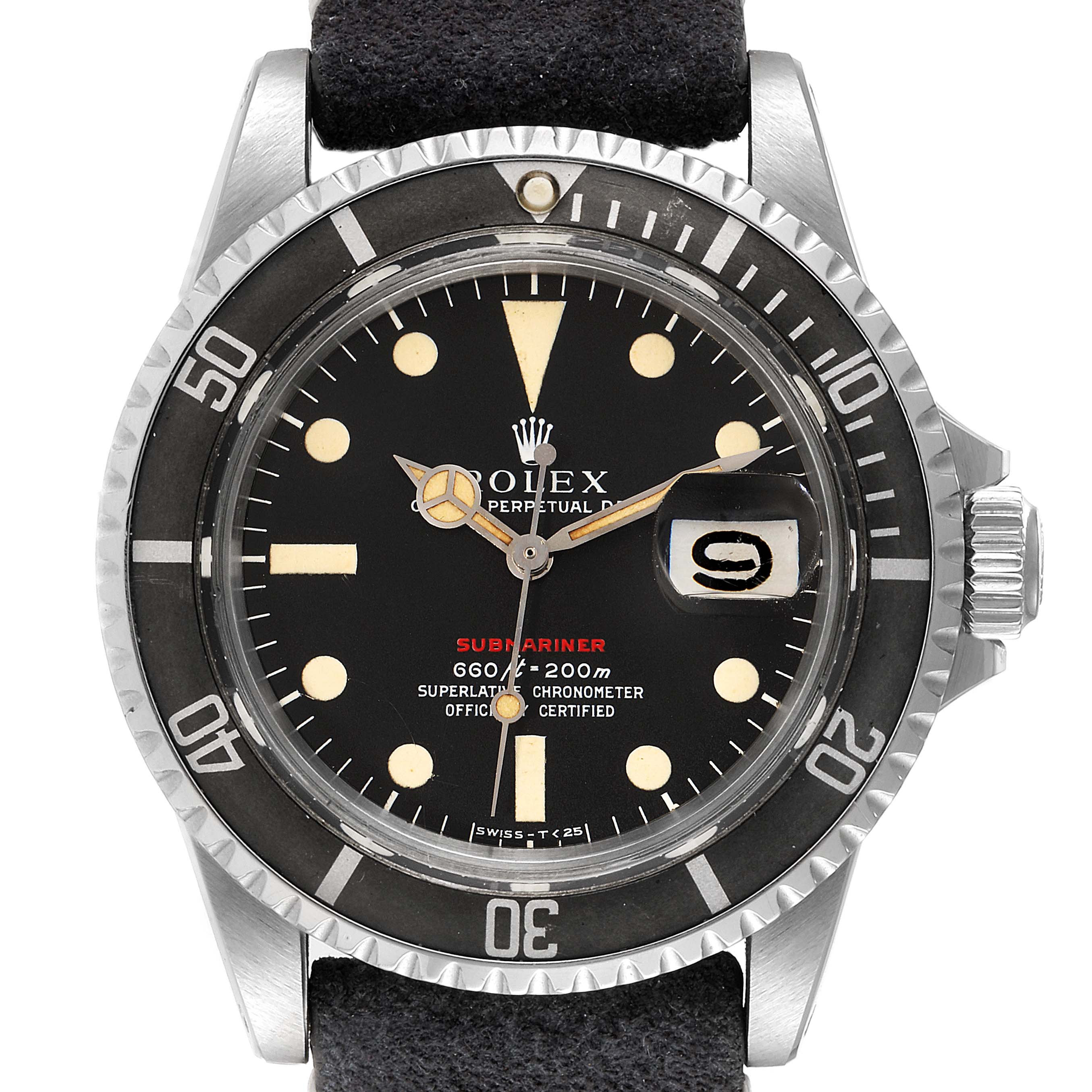 The image shows a front view of the Rolex Vintage Collection 1680 Men's Stainless Steel Black Dial 1680 Men's Stainless Steel Black Dial Submariner watch, displaying its dial, bezel, crown, and part of the strap.