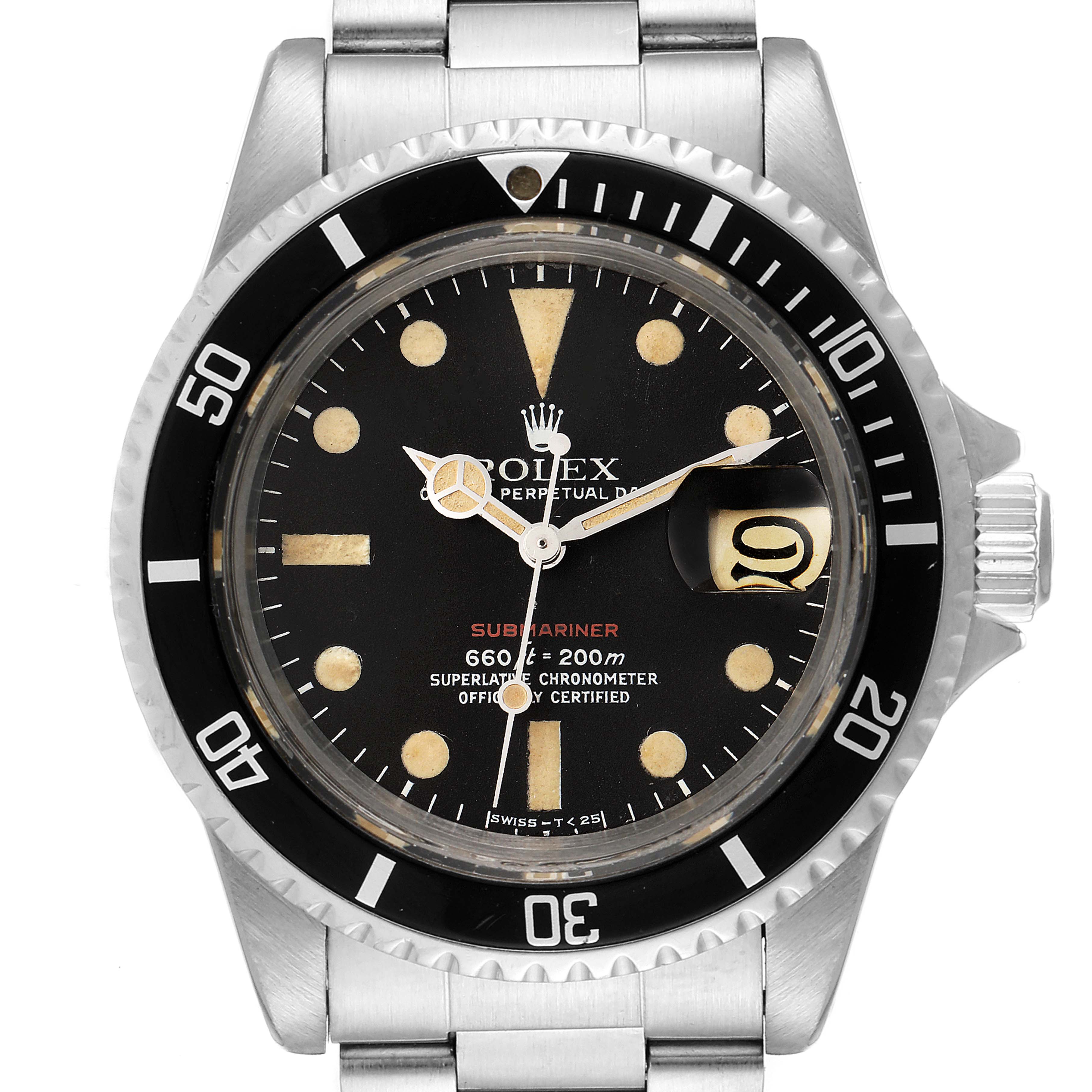 The image shows a front view of the Rolex Vintage Collection 1680 Men's Stainless Steel Black Dial 1680 Men's Stainless Steel Black Dial Submariner model, displaying its face, bezel, and bracelet.