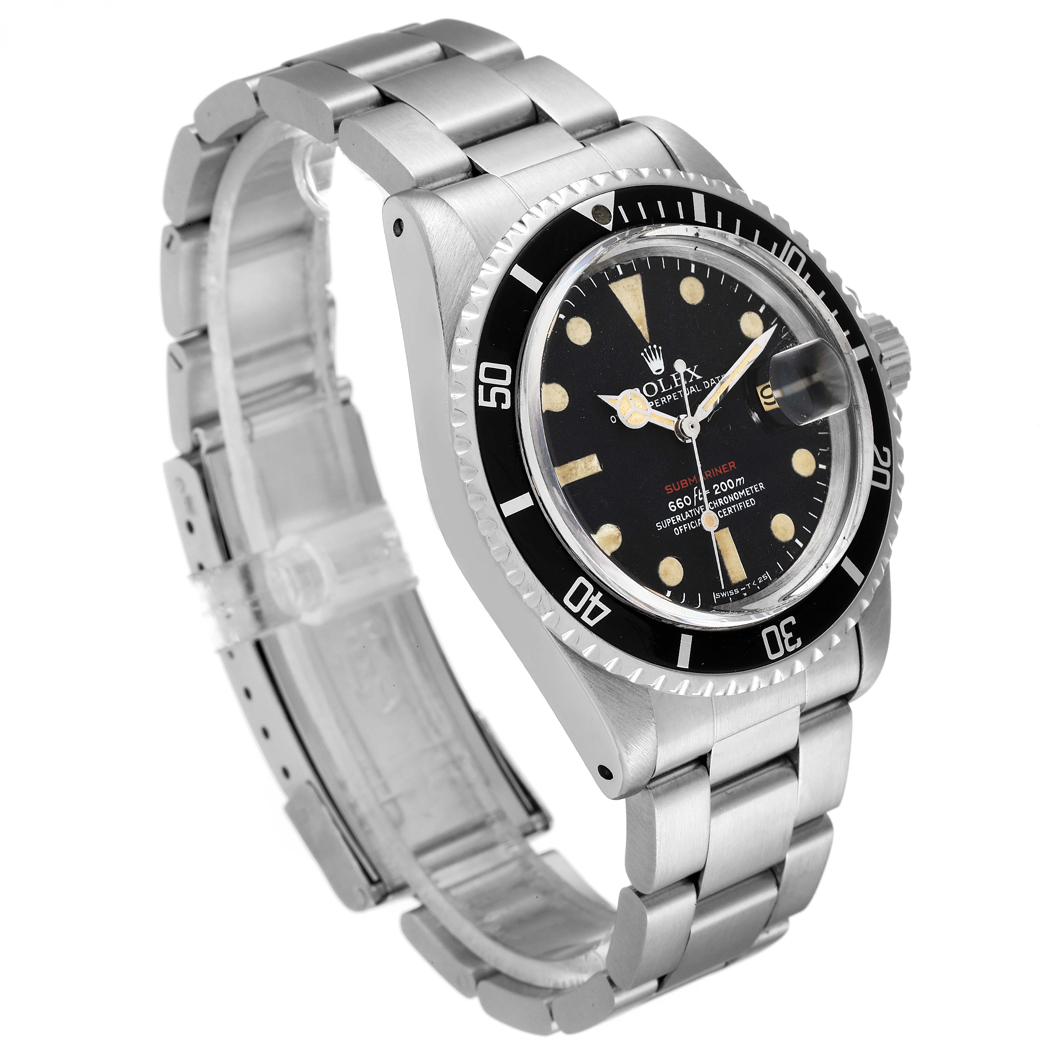 The image shows a Rolex Vintage Collection 1680 Men's Stainless Steel Black Dial 1680 Men's Stainless Steel Black Dial model watch from an angled side view, displaying the dial, bezel, and bracelet.