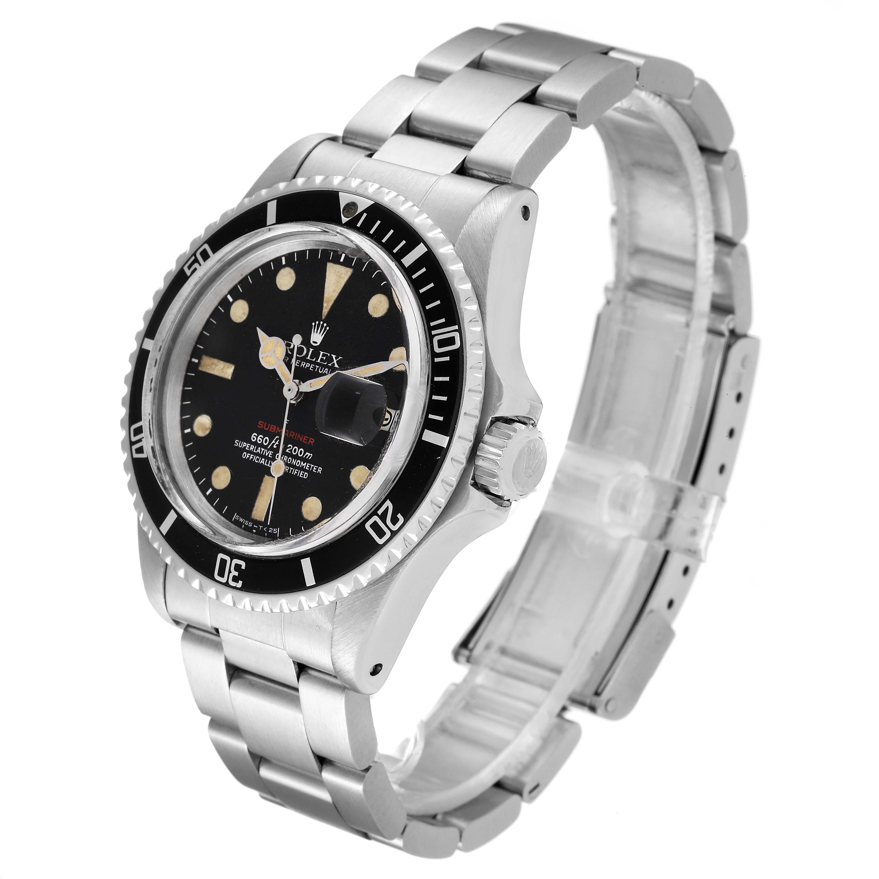 This Vintage Collection Rolex watch is shown at an angle, highlighting the dial, bezel, case, and bracelet.