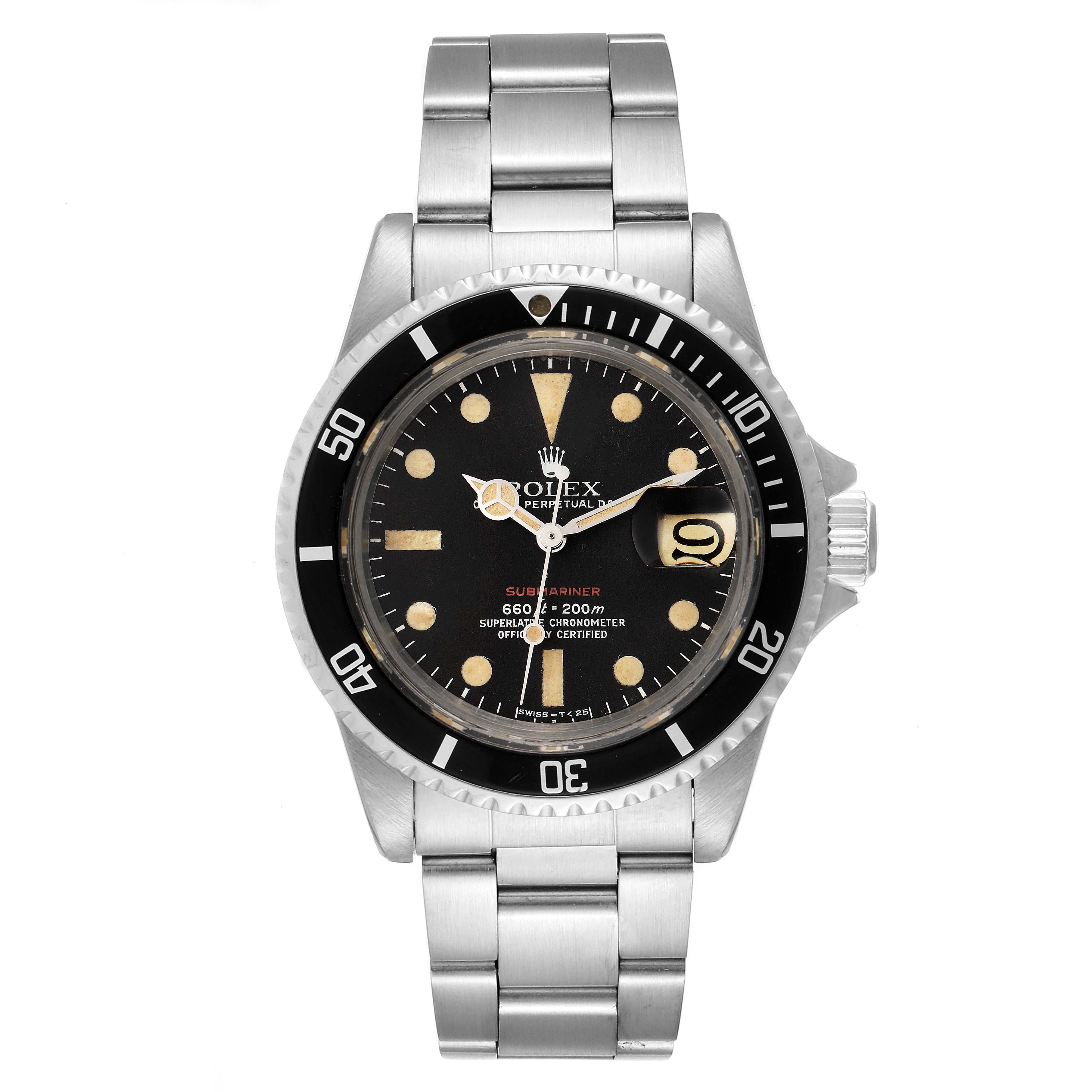 The image shows a front view of the Rolex Vintage Collection 1680 Men's Stainless Steel Black Dial 1680 Men's Stainless Steel Black Dial Submariner watch, featuring its dial, bezel, and bracelet.