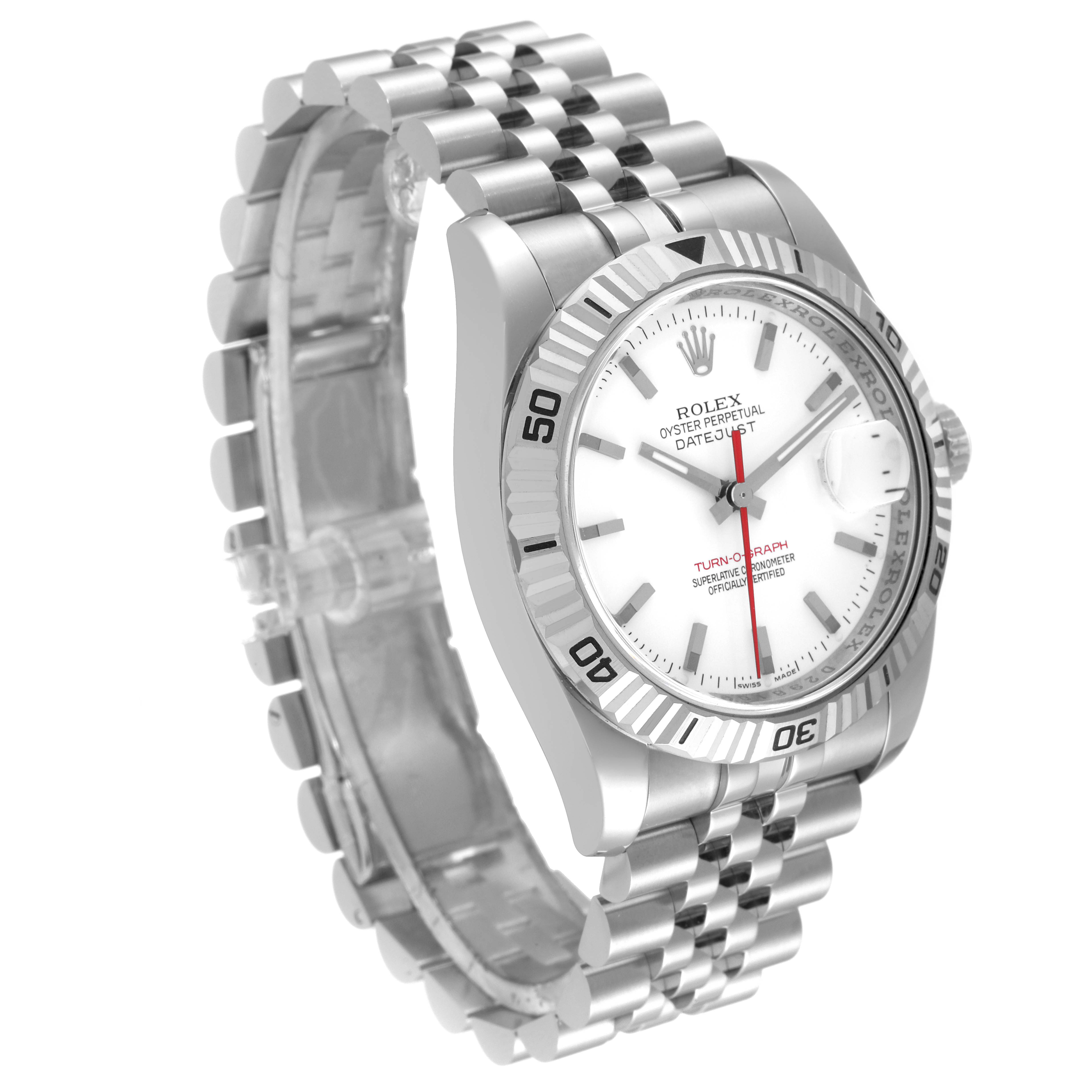 The image shows a side angle of the Rolex Turn-o-Graph 116264 Men's Stainless Steel White Dial 116264 Men's Stainless Steel White Dial watch, highlighting the face, bezel, and bracelet.