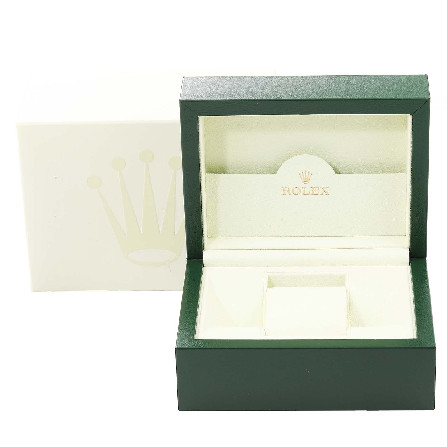 This image shows an open Rolex watch box for the Turn-o-Graph model with cream-colored interior and green exterior.