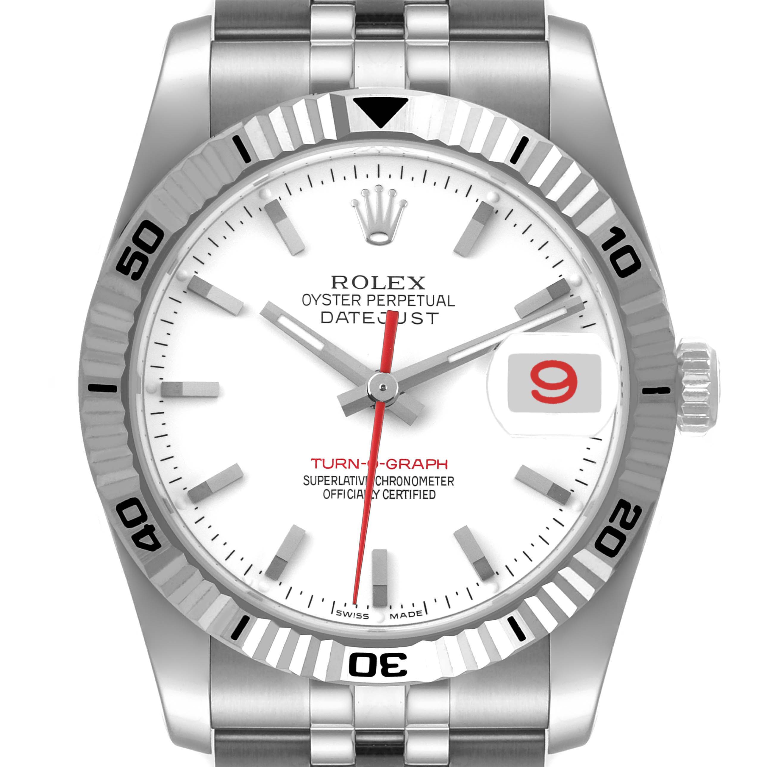 The image shows a front view of a Rolex Turn-o-Graph 116264 Men's Stainless Steel White Dial 116264 Men's Stainless Steel White Dial watch, displaying its dial, hands, bezel, and bracelet.