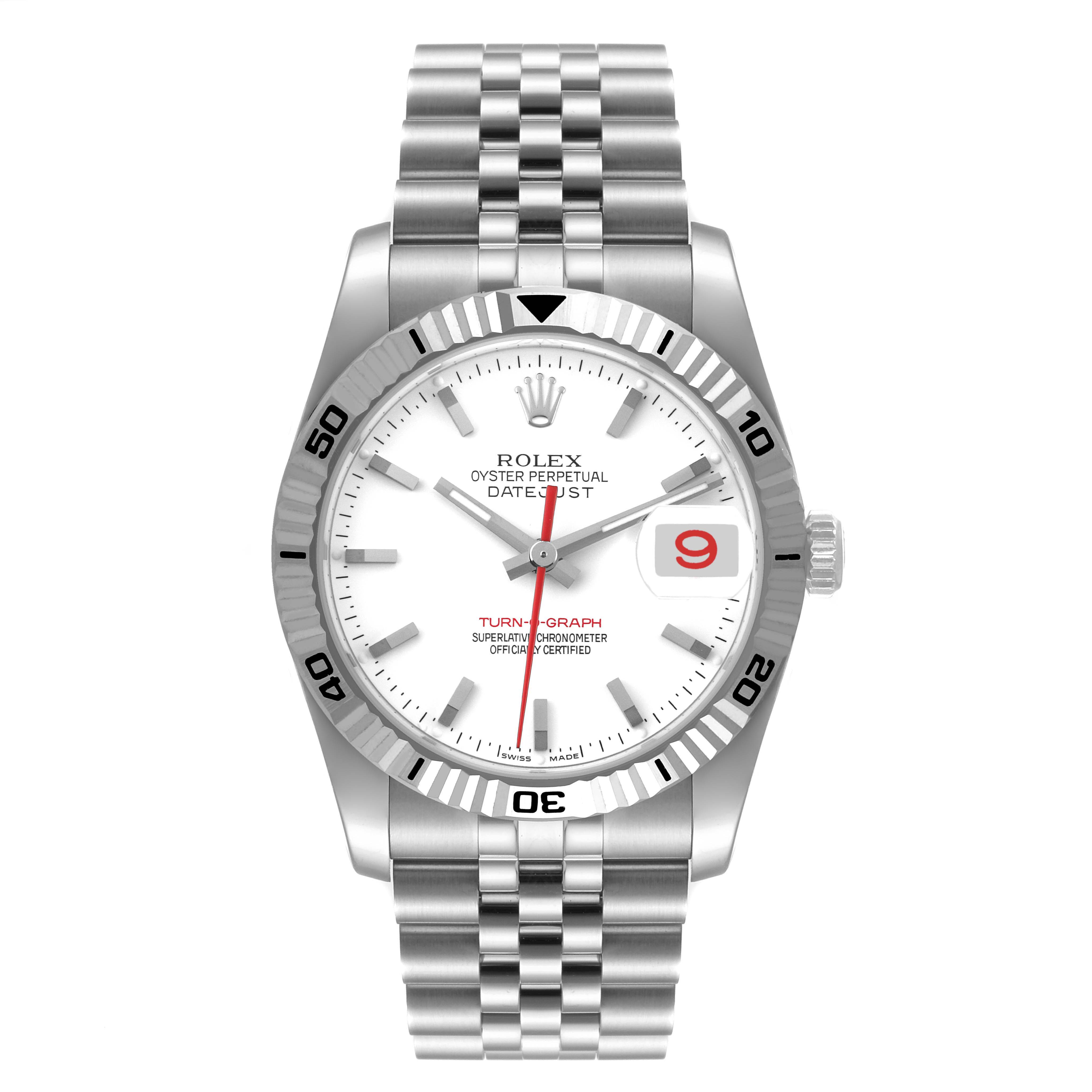 Front view of a Rolex Turn-o-Graph 116264 Men's Stainless Steel White Dial 116264 Men's Stainless Steel White Dial watch, showing the dial, bezel, crown, and bracelet.