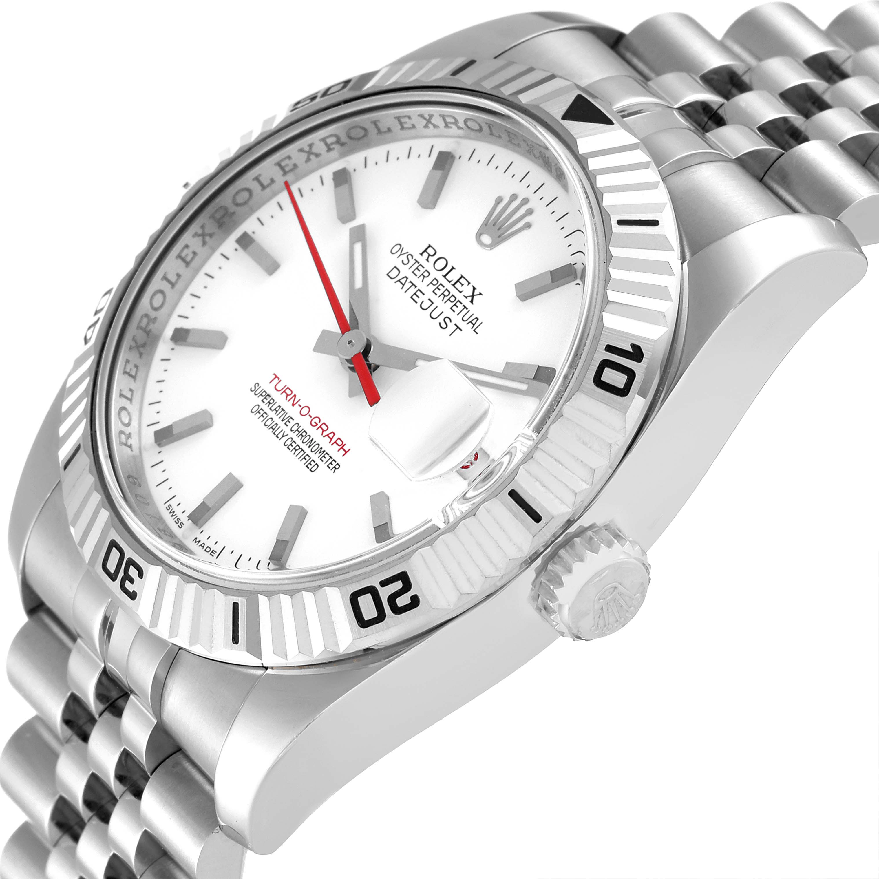 This image displays a Rolex Turn-o-Graph 116264 Men's Stainless Steel White Dial 116264 Men's Stainless Steel White Dial watch at an angle, showing the face, bezel, crown, and part of the bracelet.